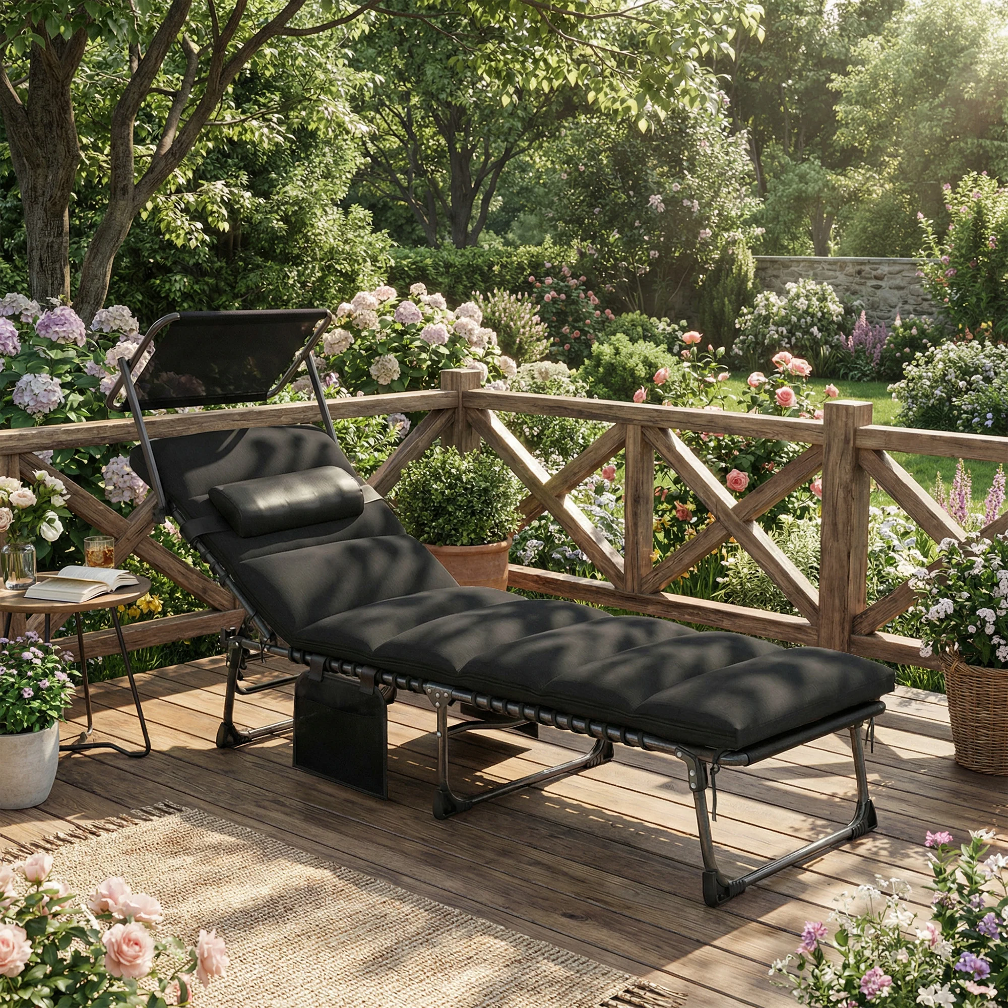 Outsunny Folding Sun Lounger, Sunbed With Canopy, Black - Image 2