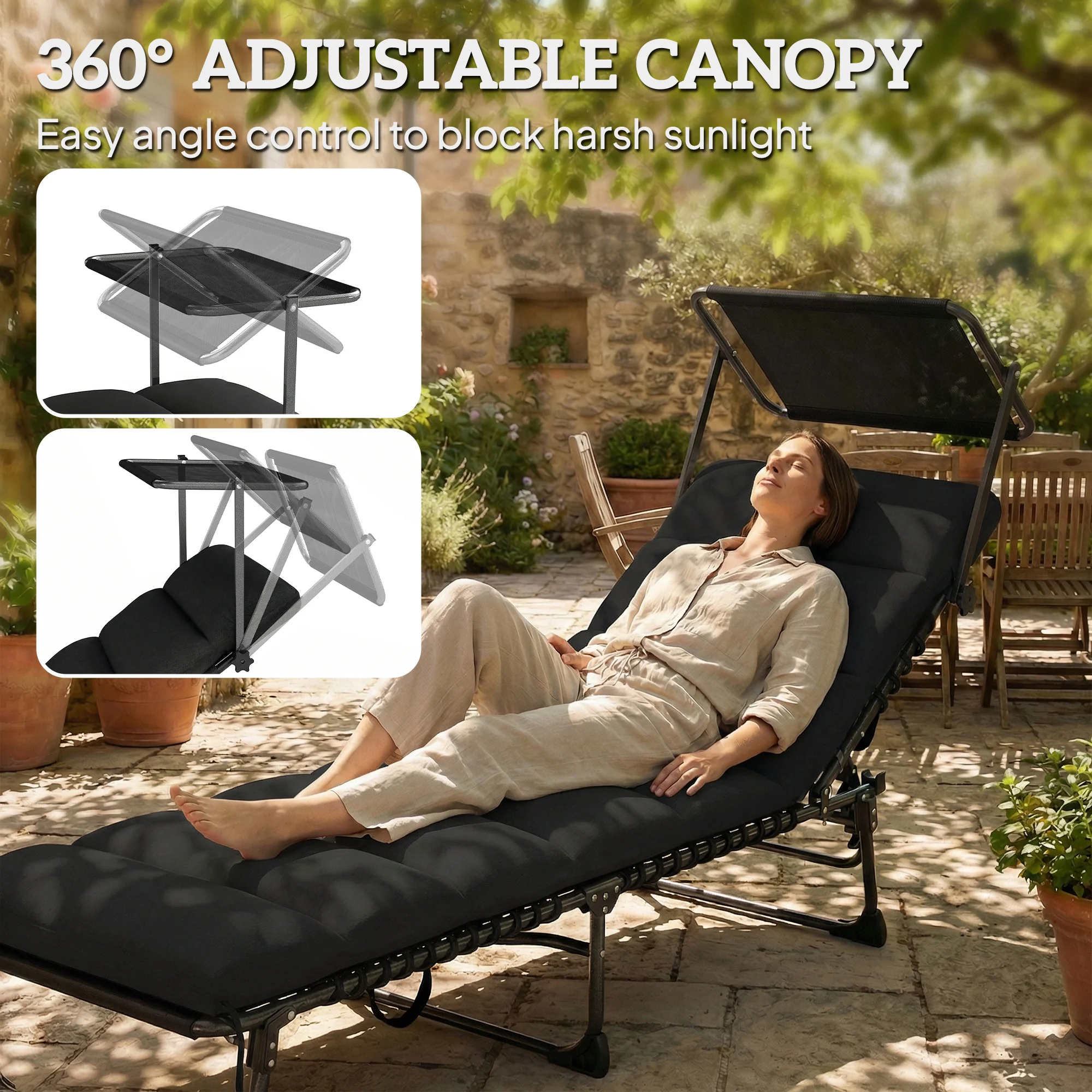 Outsunny Folding Sun Lounger, Sunbed With Canopy, Black - Image 4