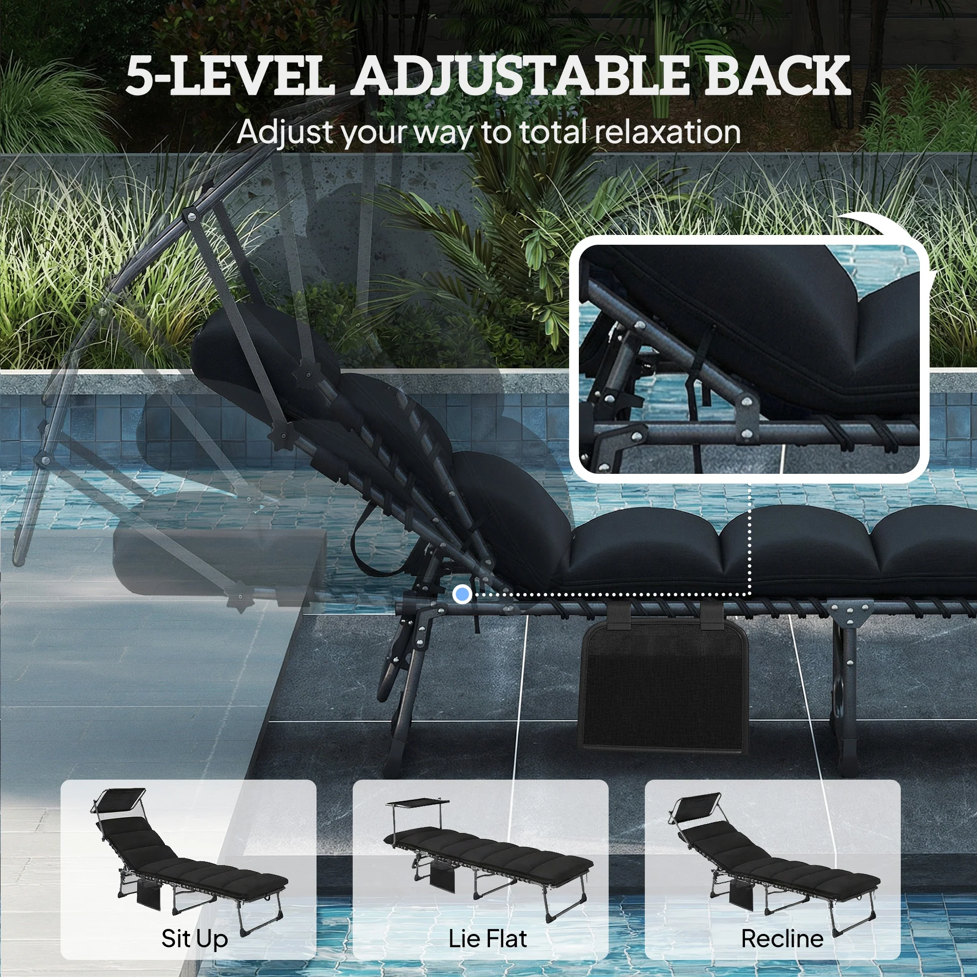 Outsunny Folding Sun Lounger, Sunbed With Canopy, Black - Image 5