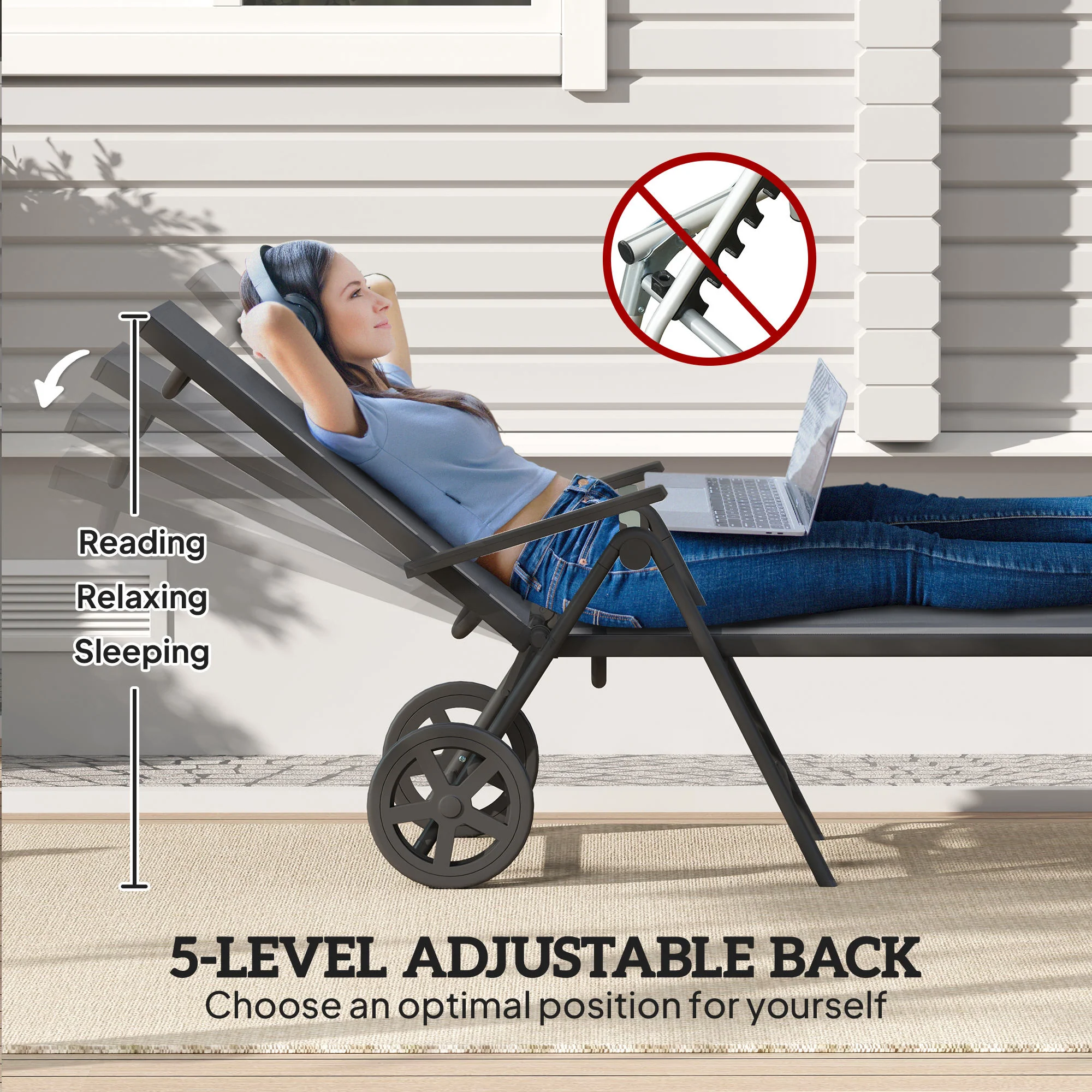 Outsunny Folding Sun Lounger w/ Wheels, 5-Position Adjustable Sunbed, Grey - Image 3