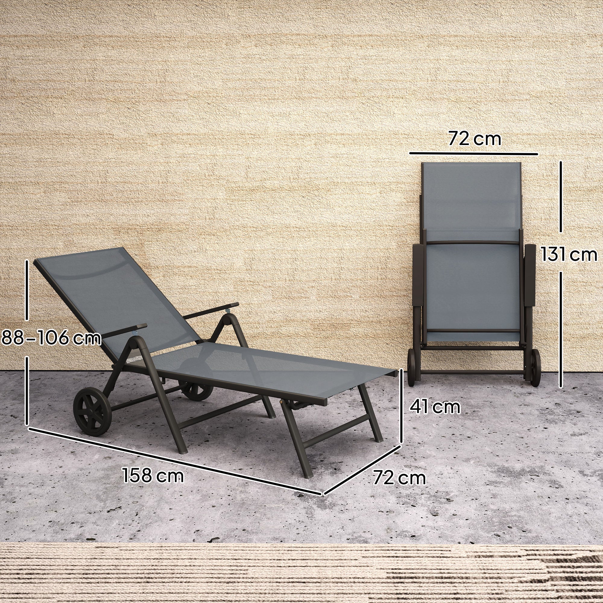 Outsunny Folding Sun Lounger w/ Wheels, 5-Position Adjustable Sunbed, Grey - Image 5