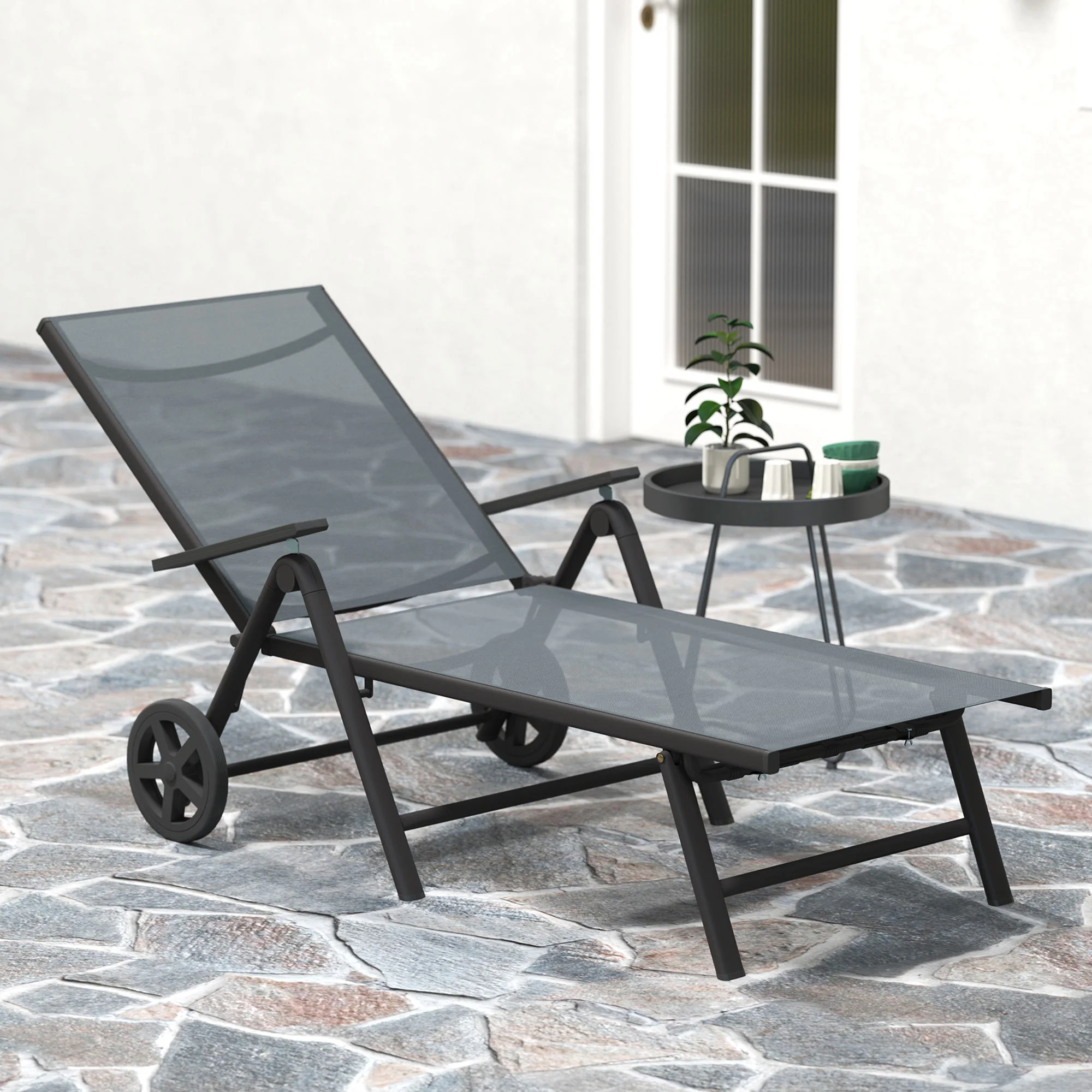 Outsunny Folding Sun Lounger w/ Wheels, 5-Position Adjustable Sunbed, Grey - Image 8