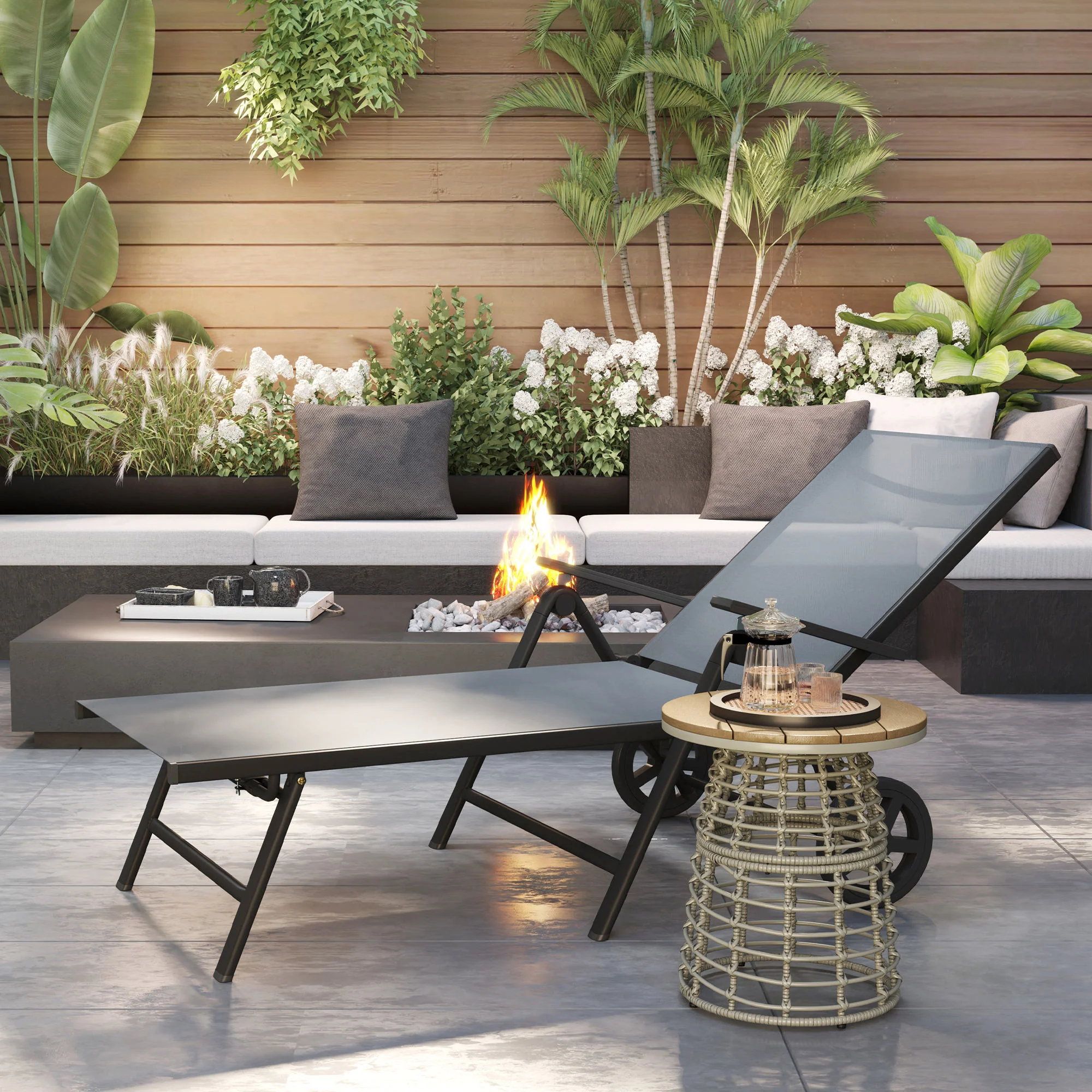 Outsunny Folding Sun Lounger w/ Wheels, 5-Position Adjustable Sunbed, Grey - Image 9