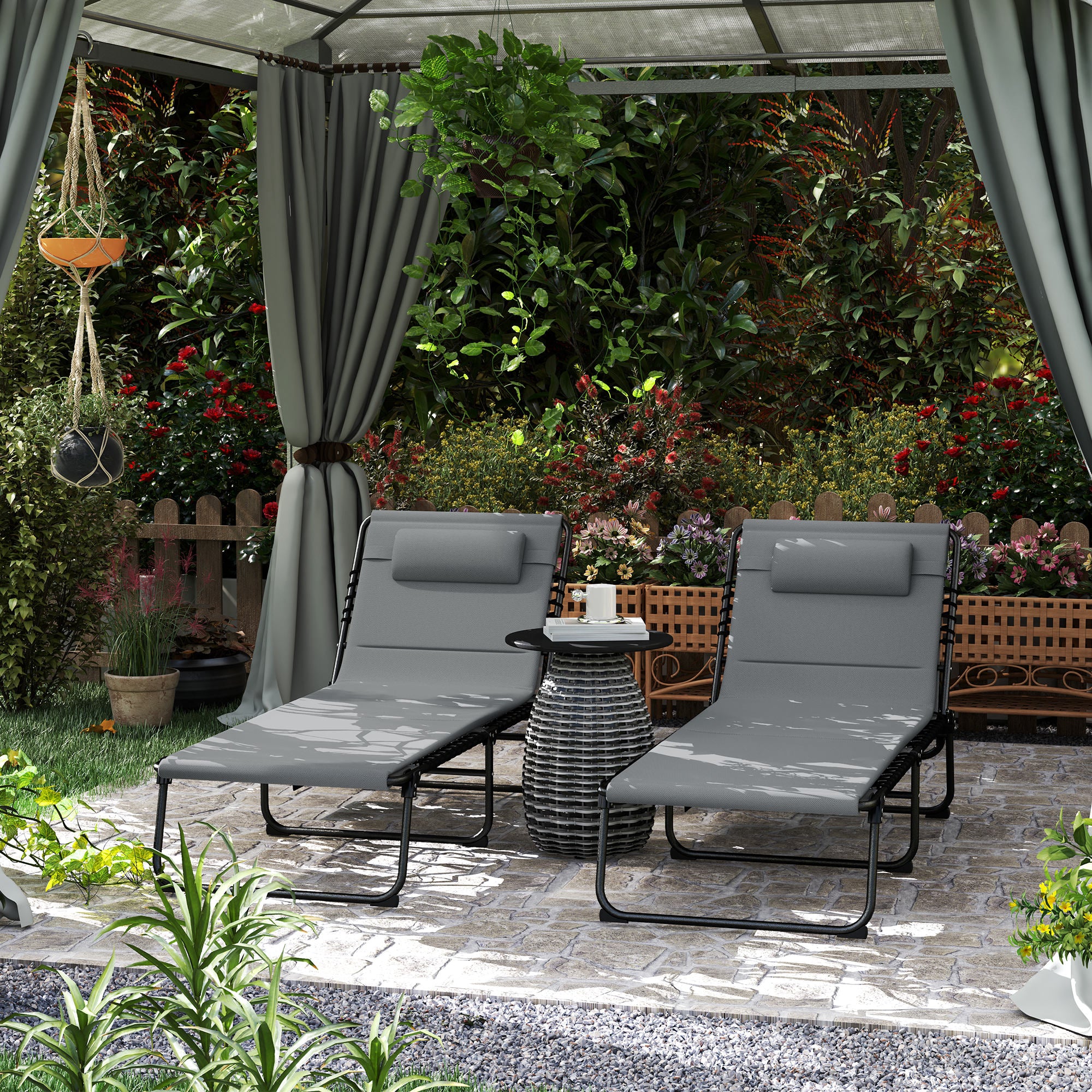 Outsunny Folding Sun Loungers Set of 2, Reclining Sun Bed, Light Grey - Image 11