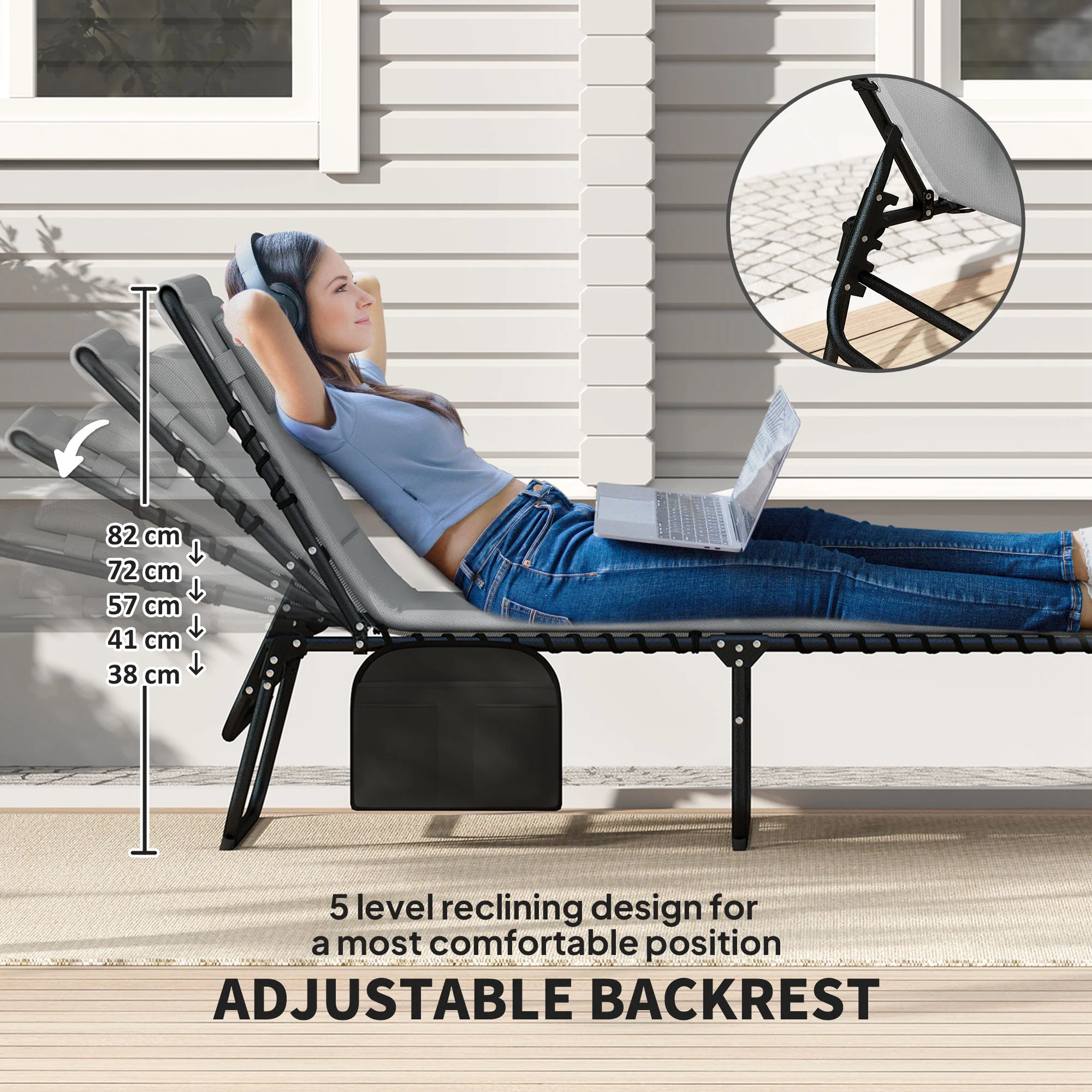 Outsunny Folding Sun Loungers Set of 2, Reclining Sun Bed, Light Grey - Image 12