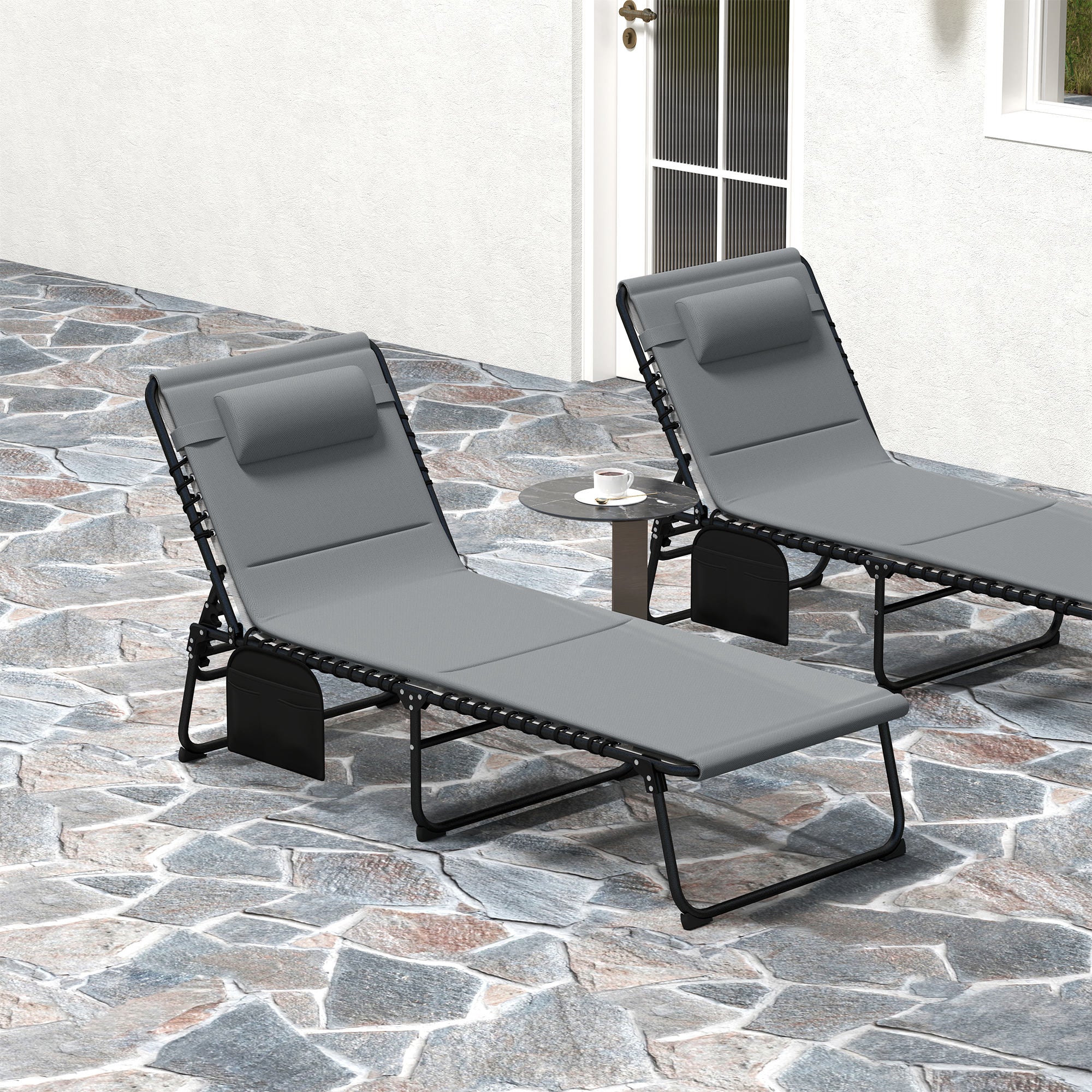 Outsunny Folding Sun Loungers Set of 2, Reclining Sun Bed, Light Grey - Image 17