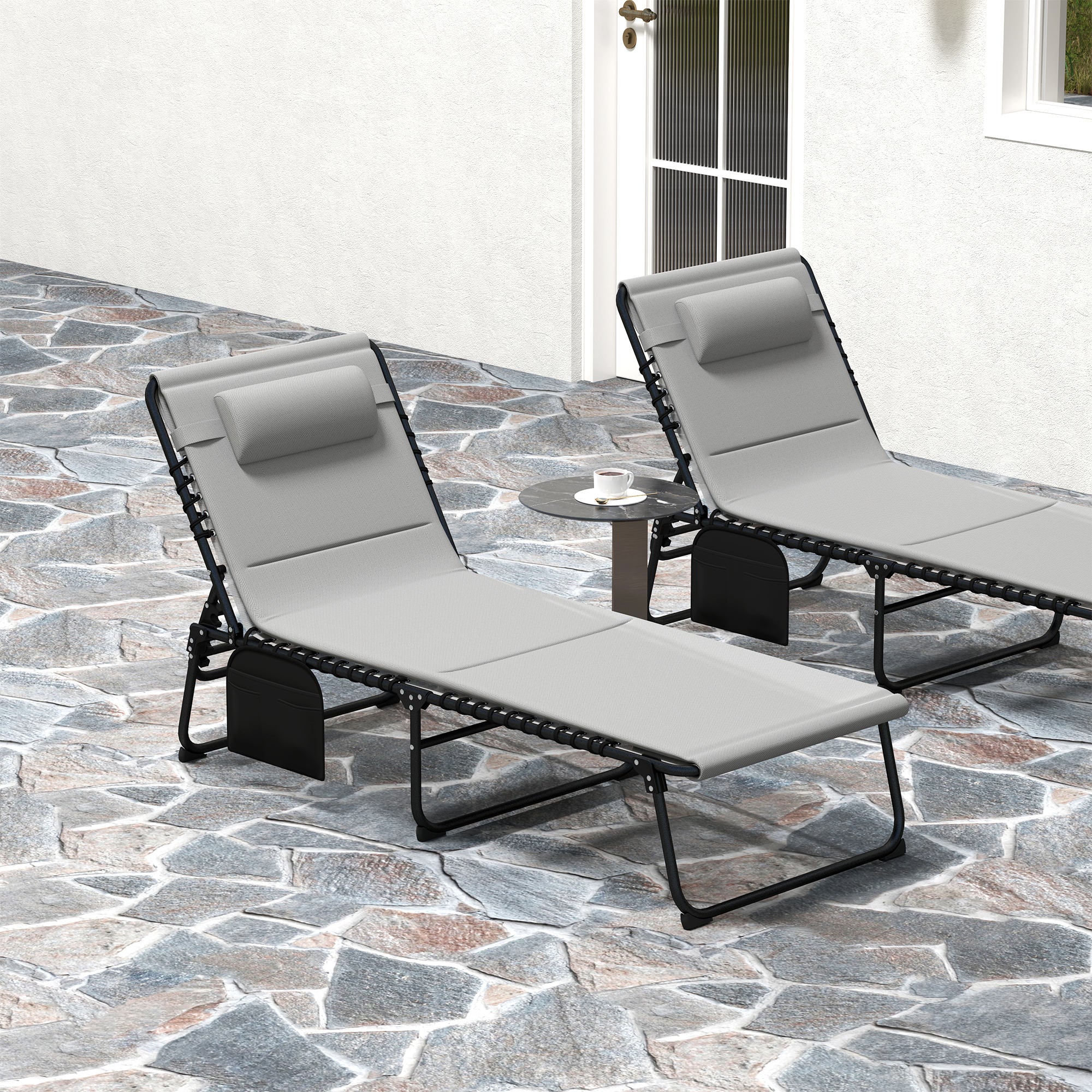 Outsunny Folding Sun Loungers Set of 2, Reclining Sun Bed, Light Grey - Image 26