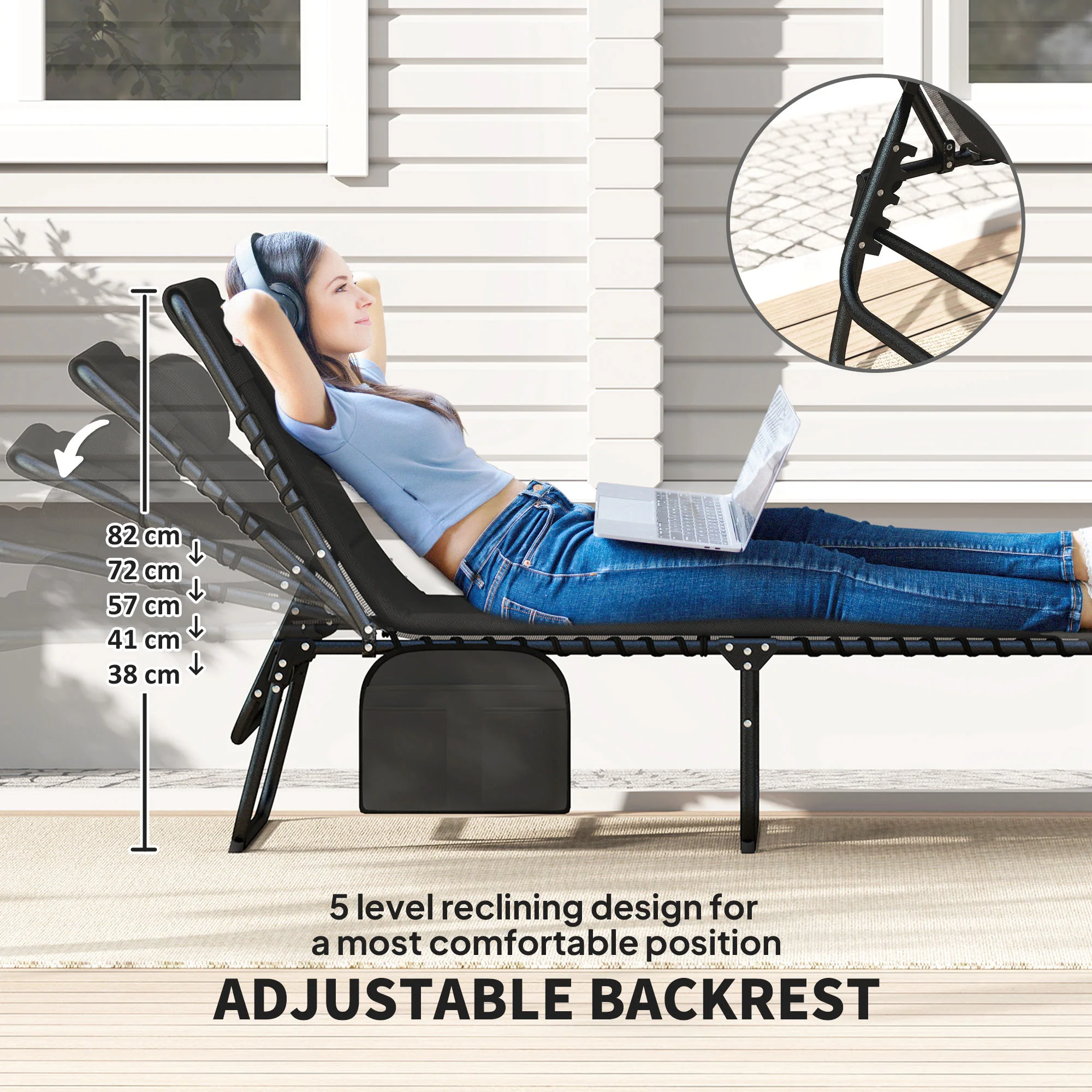 Outsunny Folding Sun Loungers Set of 2, Reclining Sun Bed, Light Grey - Image 3
