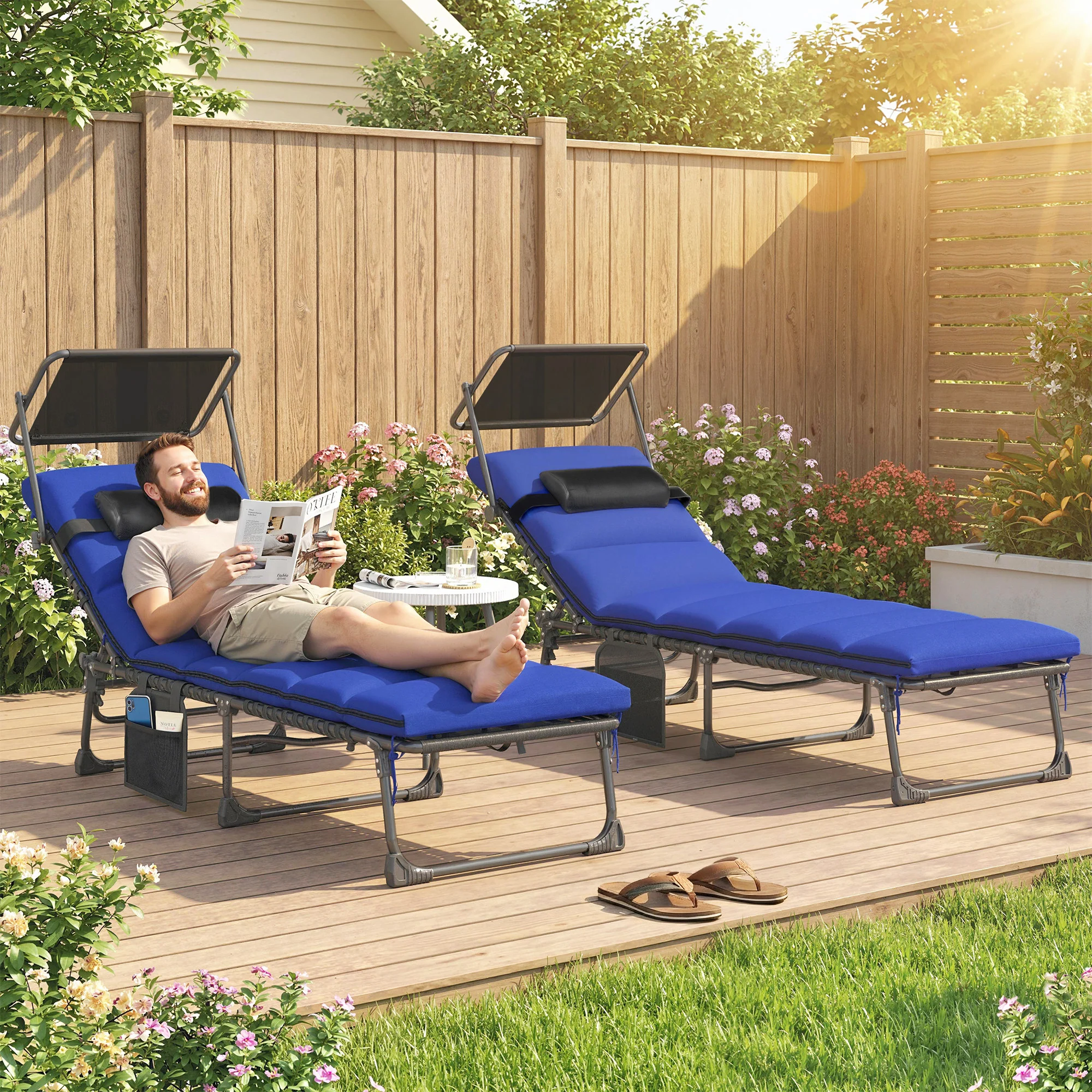 Outsunny Folding Sun Loungers Set Of 2, Sun Bed With Canopy, Dark Blue - Image 2