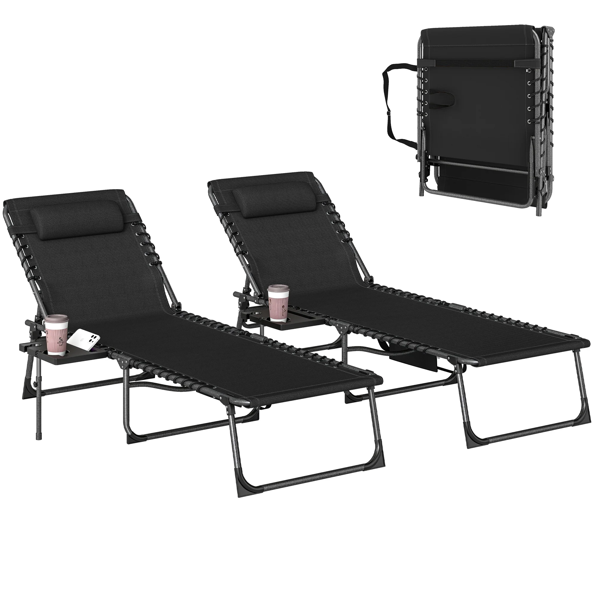 Outsunny Folding Sun Loungers With 5-Level Back, Cup Holder, Black