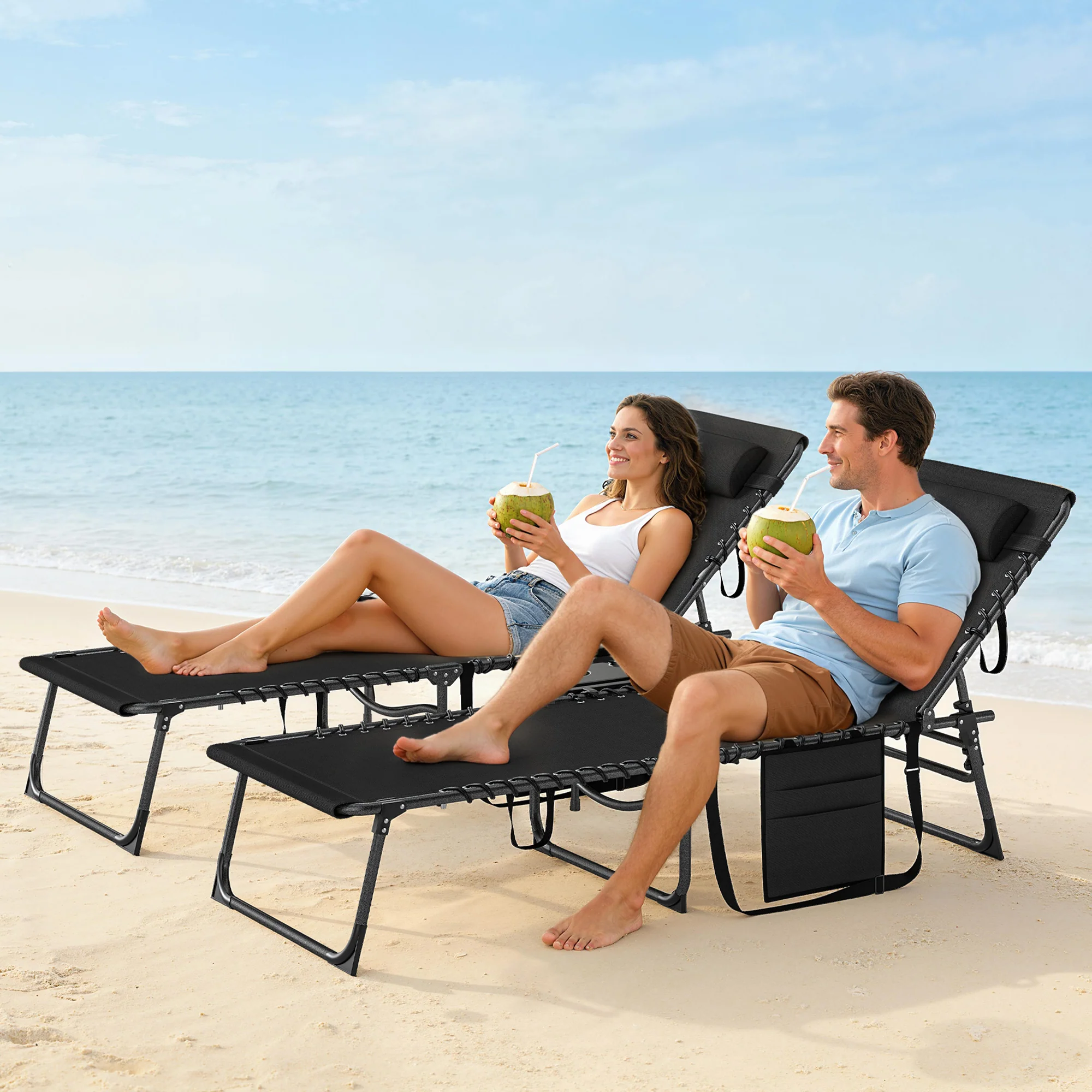 Outsunny Folding Sun Loungers With 5-Level Back, Cup Holder, Black - Image 8