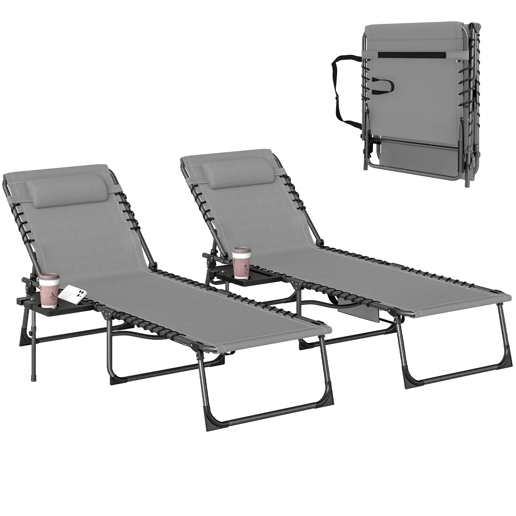 Outsunny Folding Sun Loungers With 5-Level Back, Cup Holder, Grey