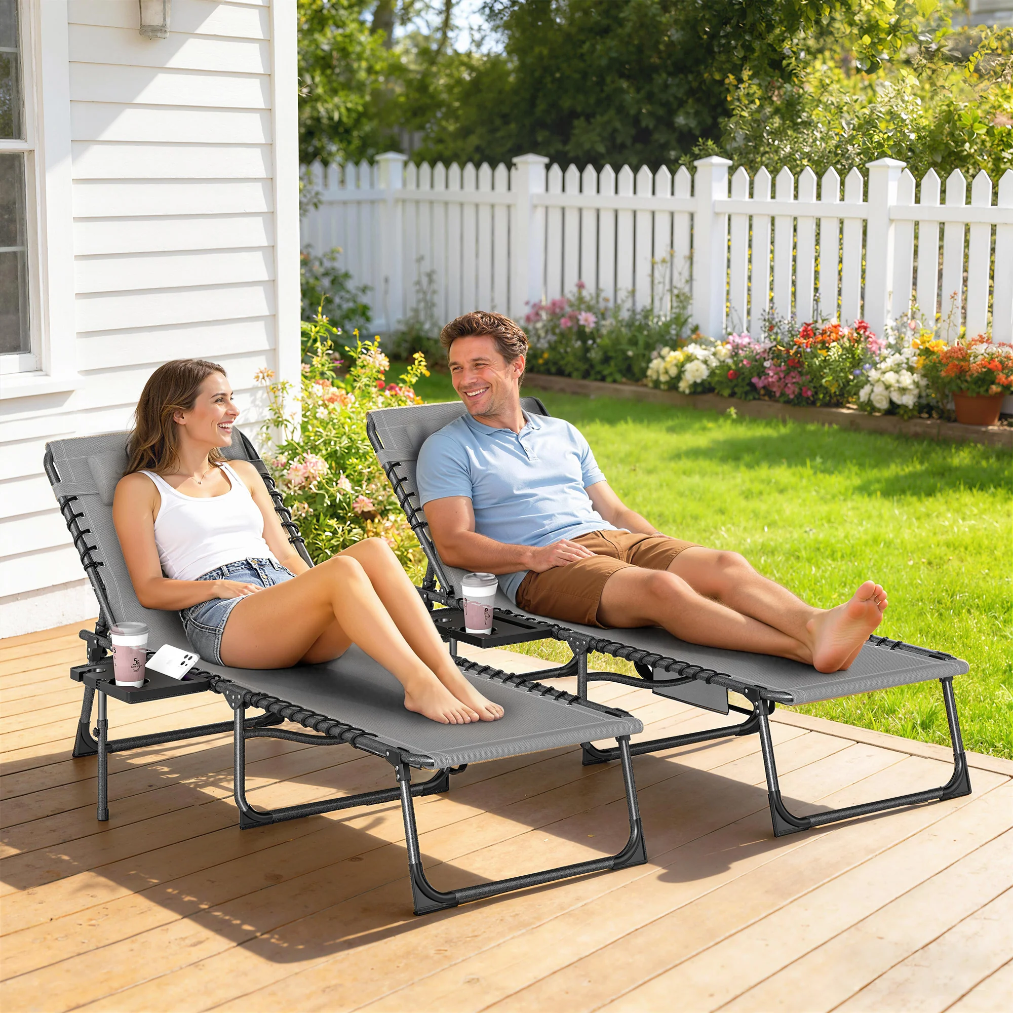 Outsunny Folding Sun Loungers With 5-Level Back, Cup Holder, Grey - Image 2