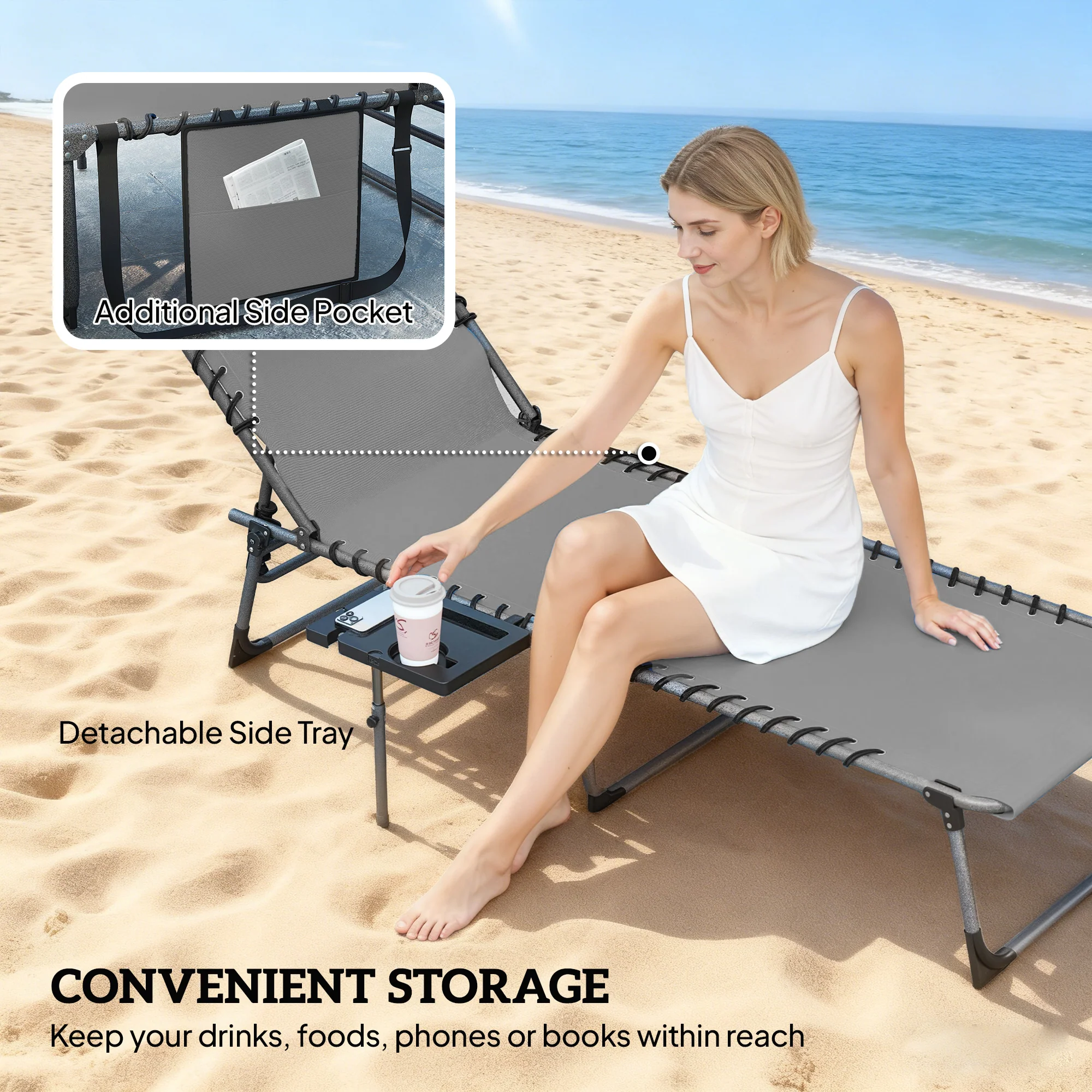 Outsunny Folding Sun Loungers With 5-Level Back, Cup Holder, Grey - Image 6