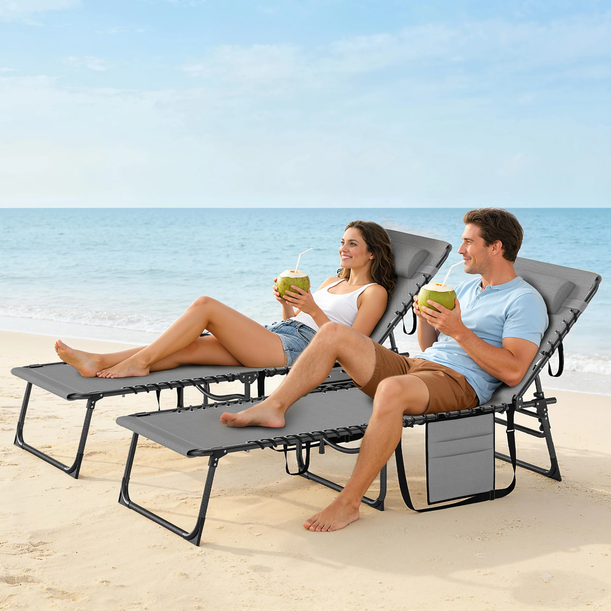 Outsunny Folding Sun Loungers With 5-Level Back, Cup Holder, Grey - Image 8
