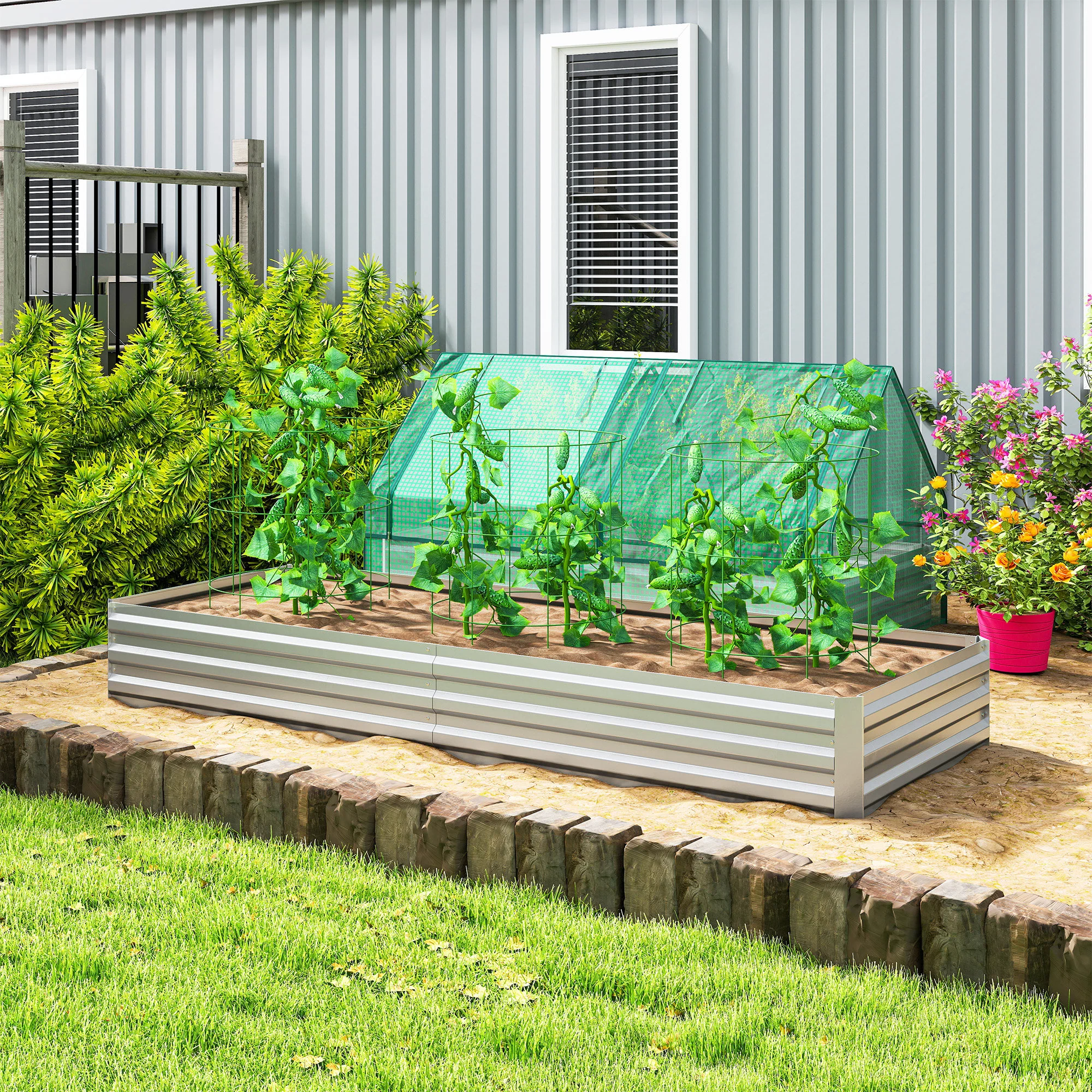 Outsunny Galvanised Raised Garden Bed Metal Planter Box, Silver - Image 2
