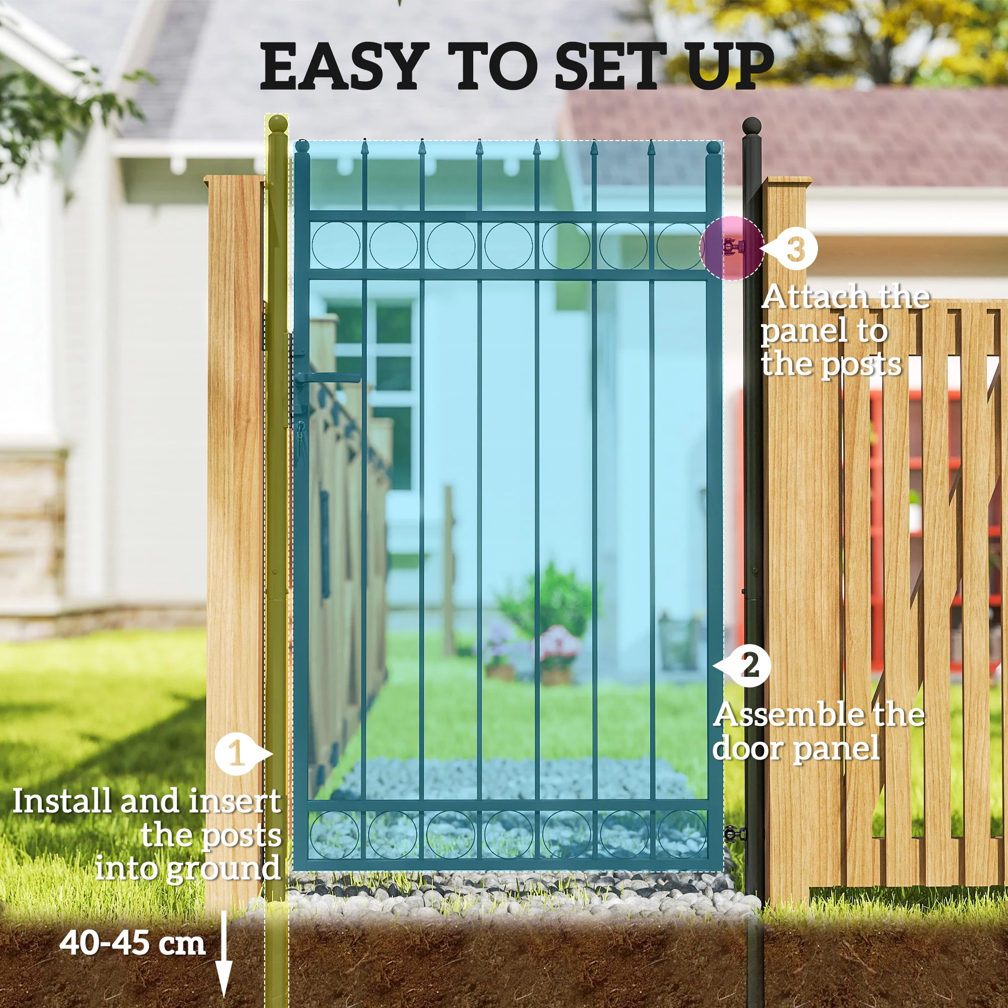 Outsunny Galvanised Steel Garden Fence Gate Security Barrier with Lock, Keys - Image 6