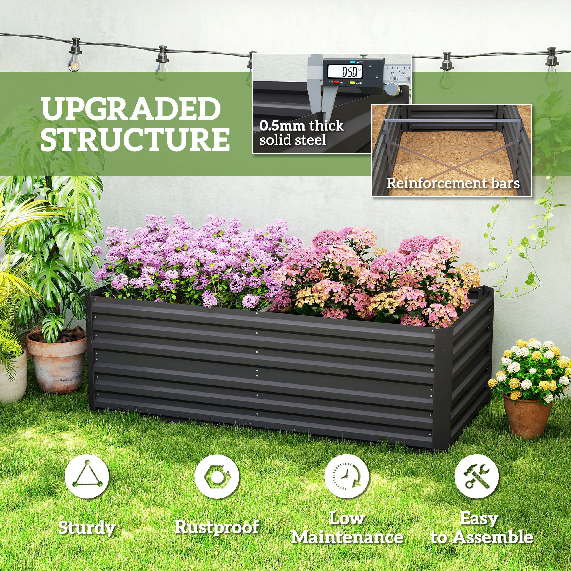 Outsunny Galvanised Steel Outdoor Raised Bed w/ Reinforced Rods, Black - Image 4