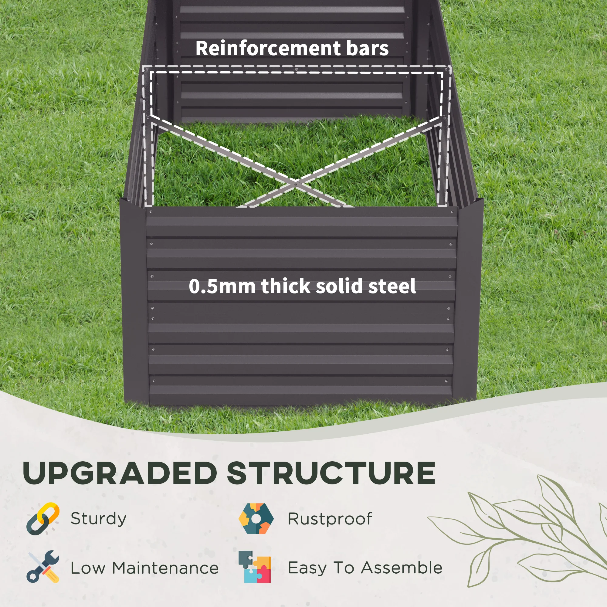 Outsunny Galvanised Steel Outdoor Raised Bed w/ Reinforced Rods, Dark Grey - Image 4