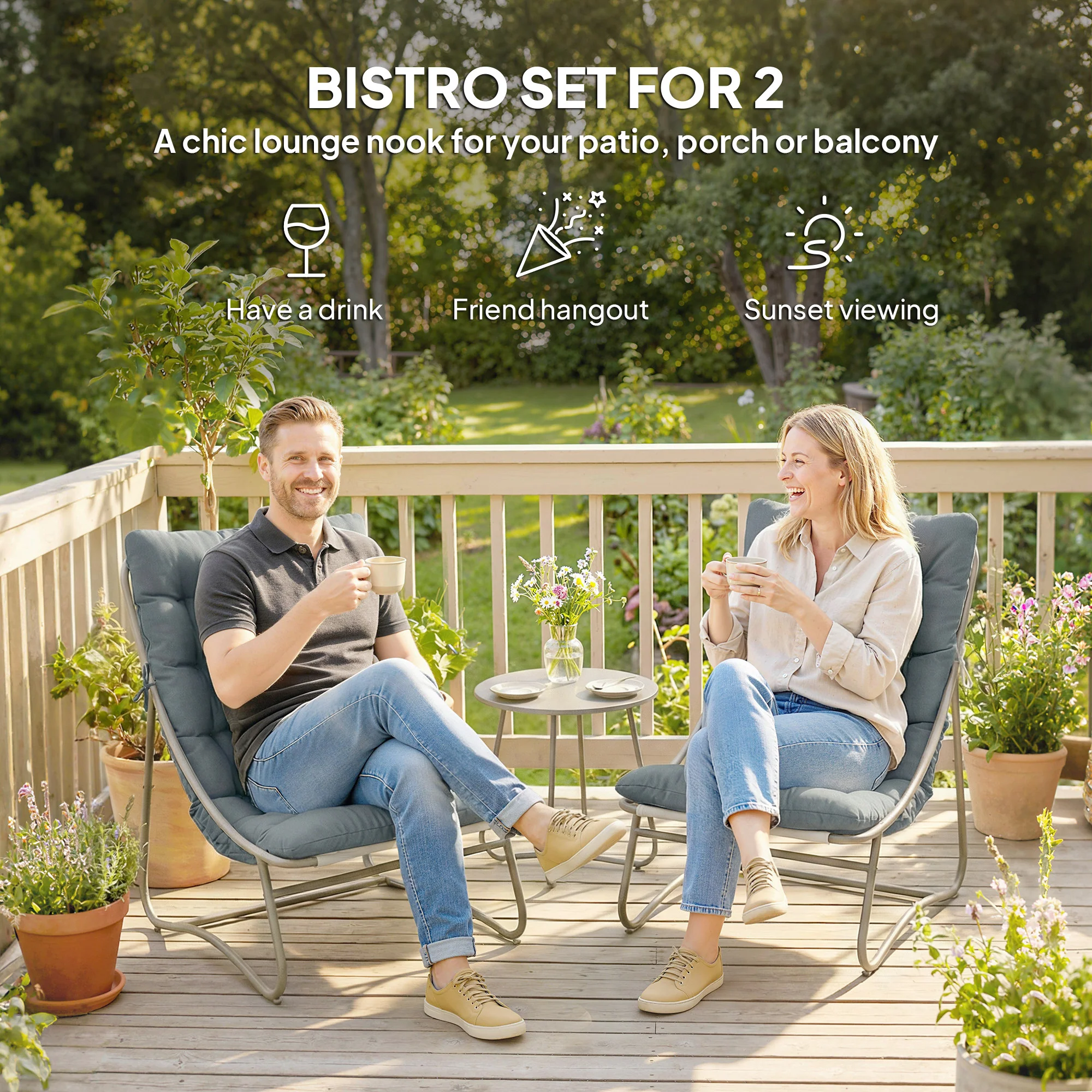 Outsunny Garden Bistro Set, Bistro Table And Chairs W/ Cushions, Dark Grey - Image 4