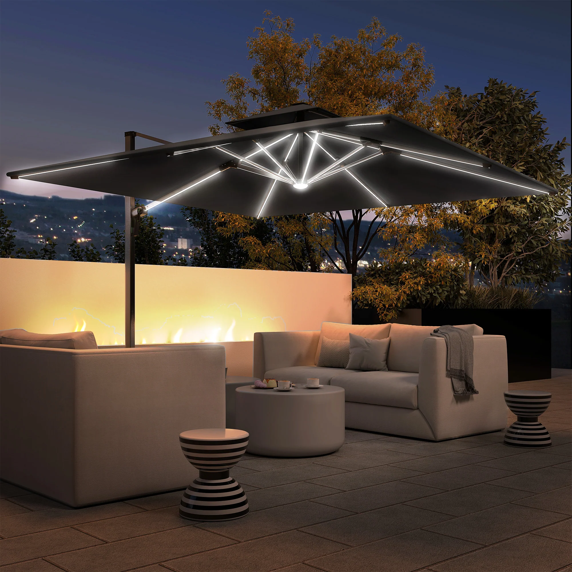 Outsunny Garden Cantilever Parasol, Patio Umbrella w/ Solar LED Lights, Grey - Image 2