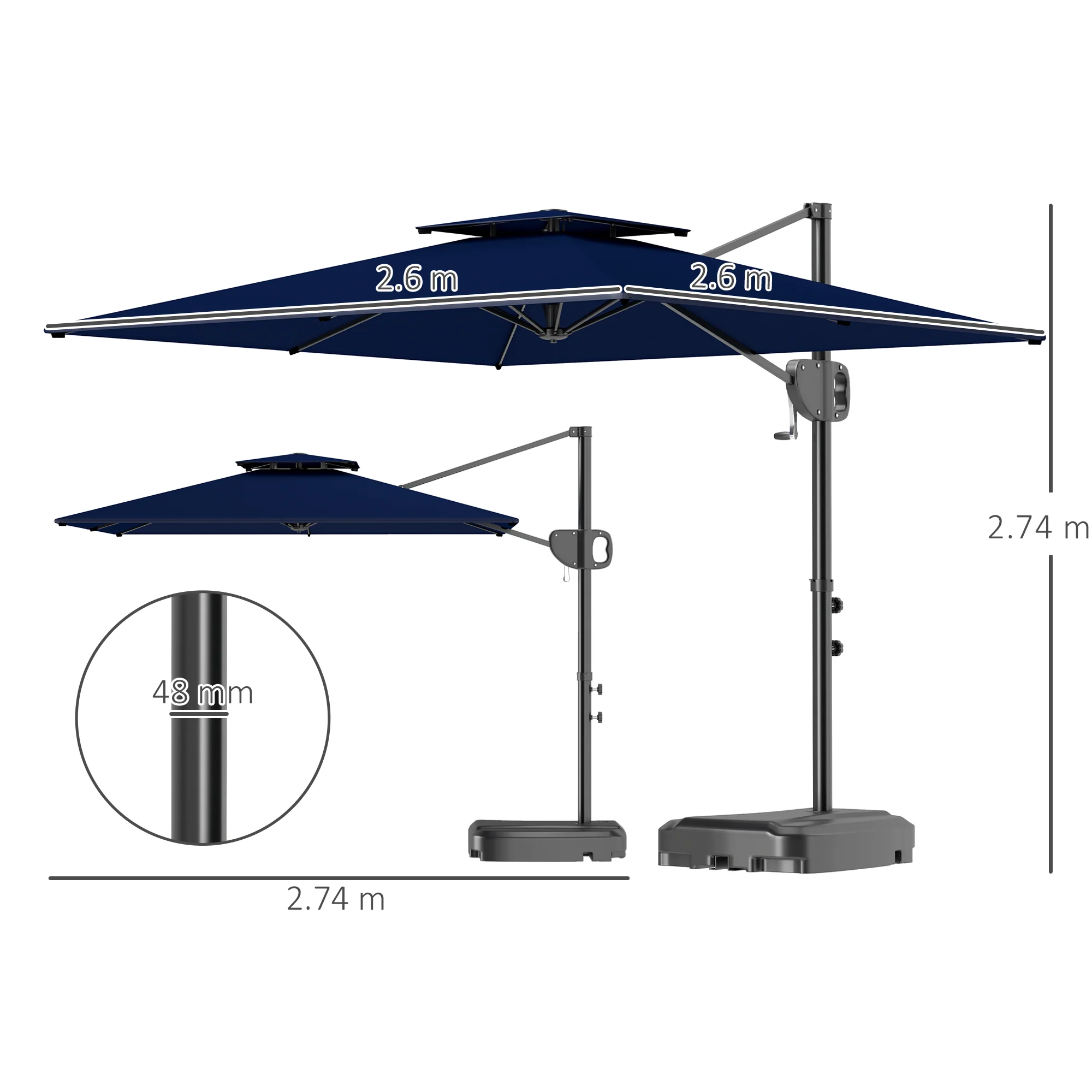 Outsunny Garden Cantilever Parasol w/ Weighted Base Tilt Crank - Image 14