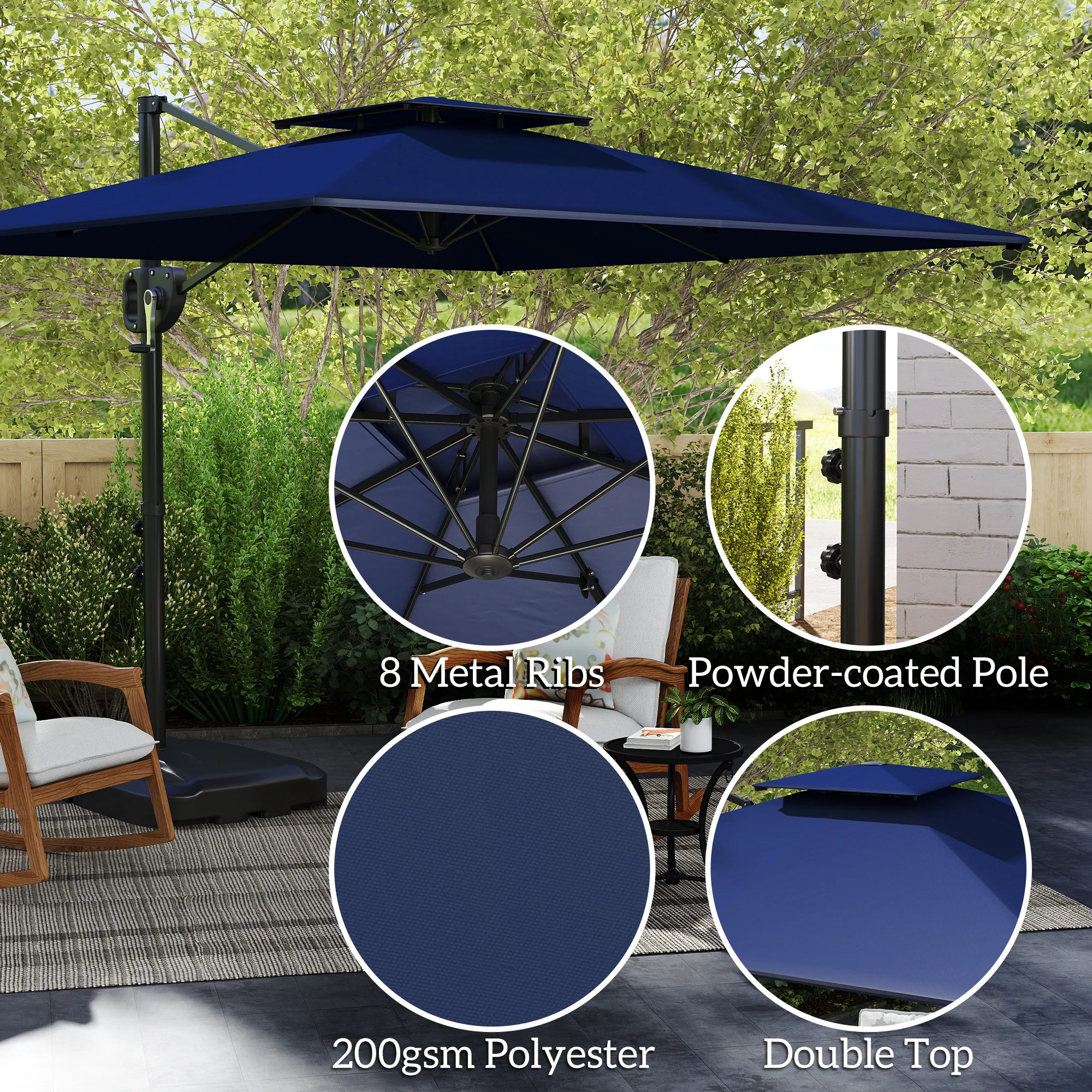 Outsunny Garden Cantilever Parasol w/ Weighted Base Tilt Crank - Image 15