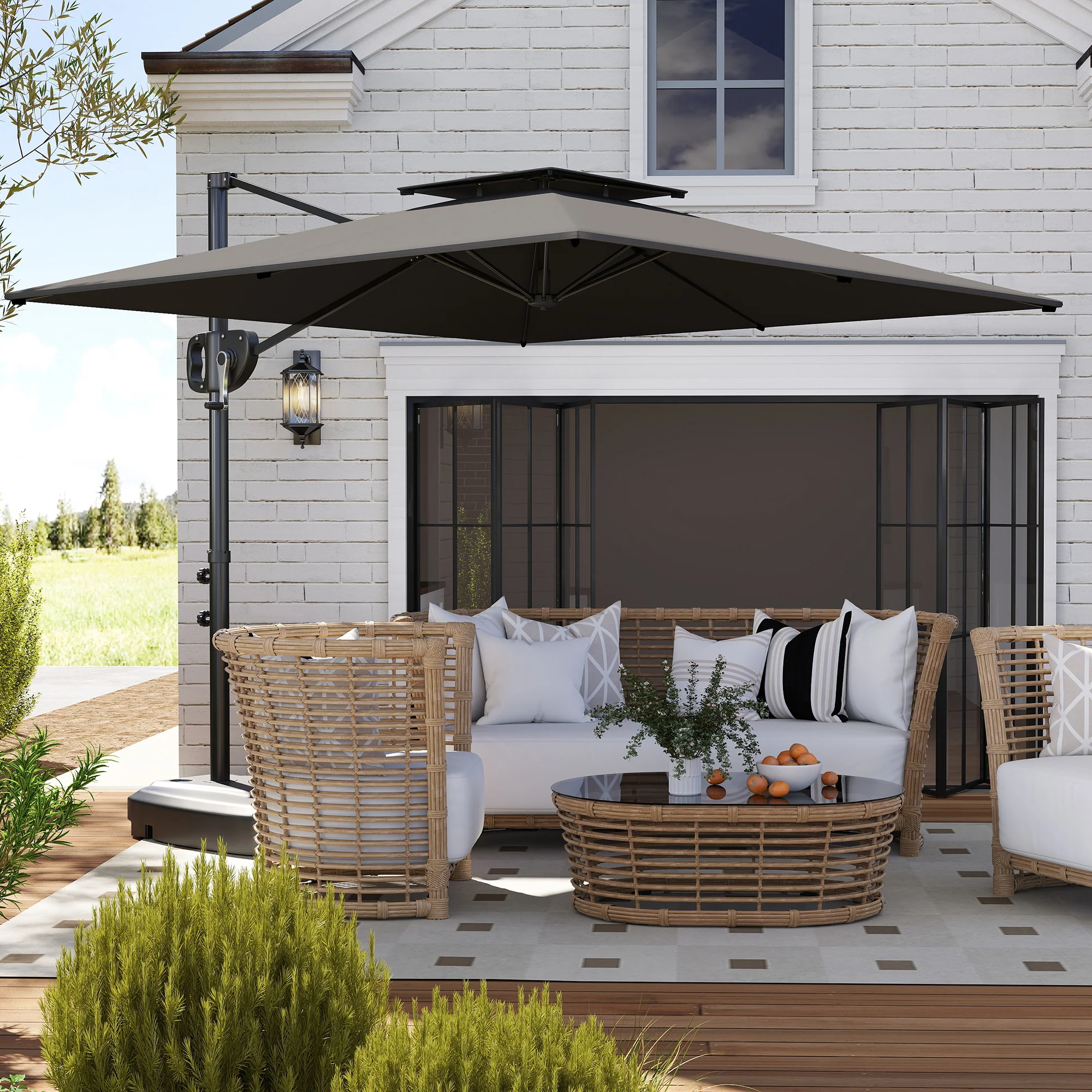 Outsunny Garden Cantilever Parasol w/ Weighted Base Tilt Crank - Image 2