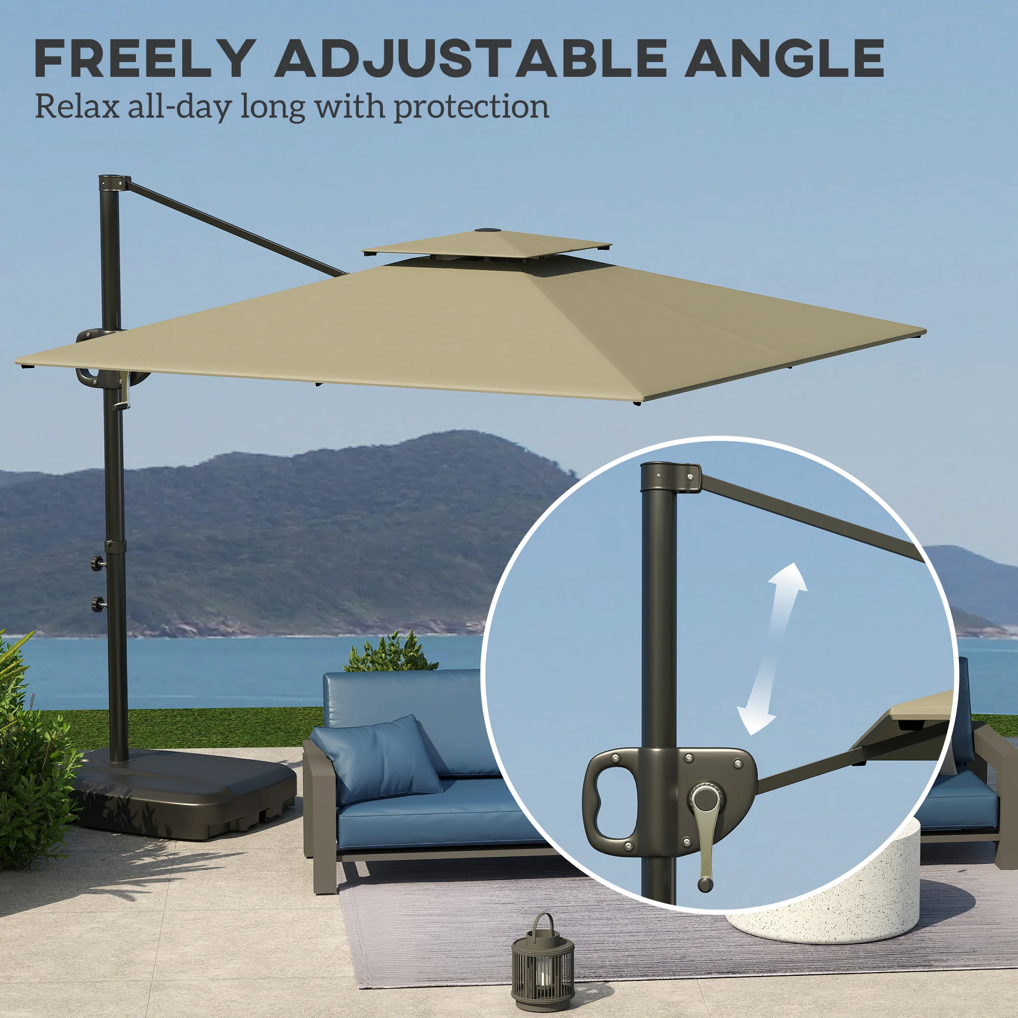 Outsunny Garden Cantilever Parasol w/ Weighted Base Tilt Crank - Image 31