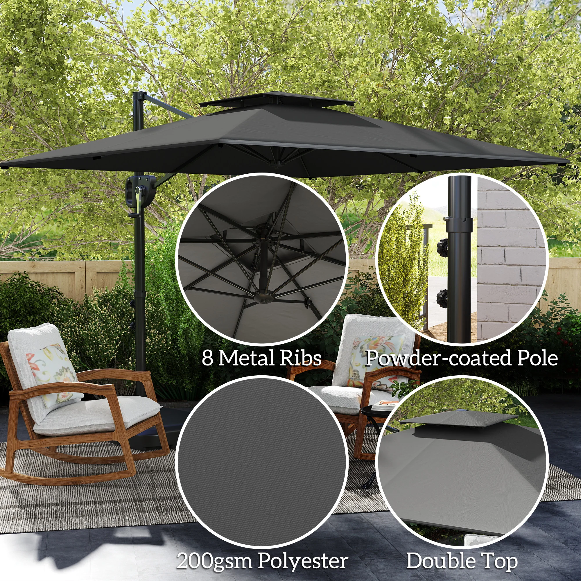 Outsunny Garden Cantilever Parasol w/ Weighted Base Tilt Crank - Image 6