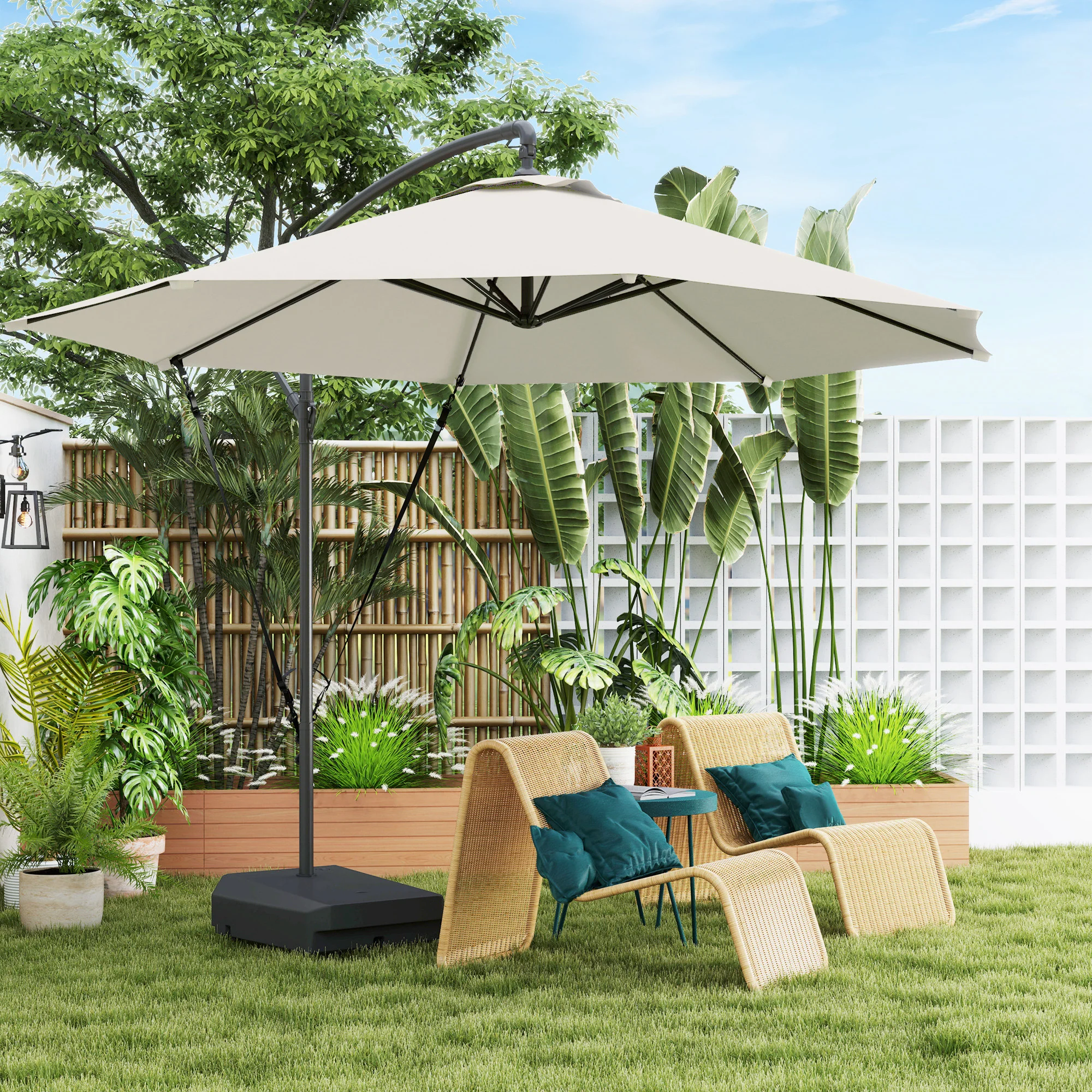 Outsunny Garden Cantilever Parasol with Cover Weighted Base Wind Strap - Image 11