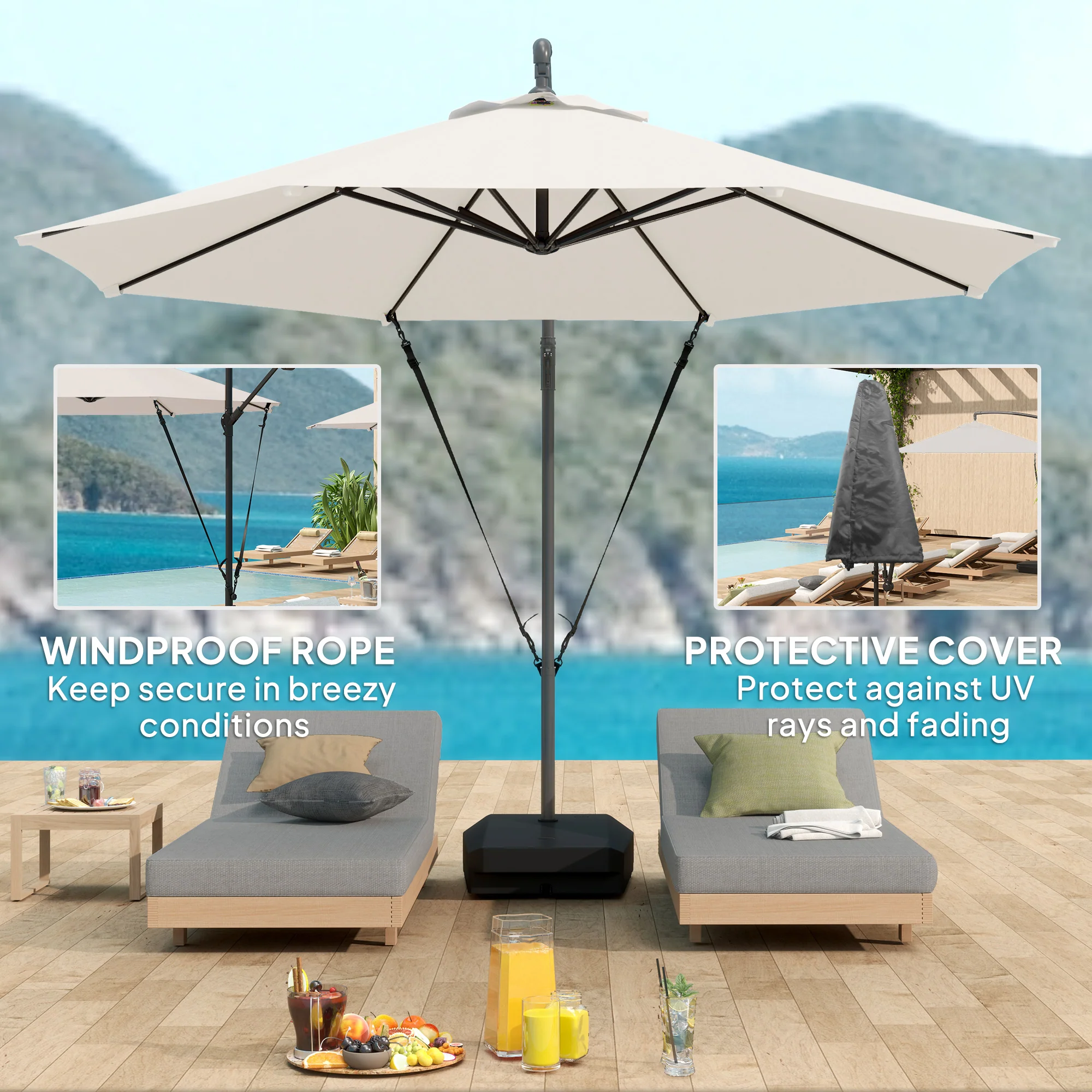 Outsunny Garden Cantilever Parasol with Cover Weighted Base Wind Strap - Image 13