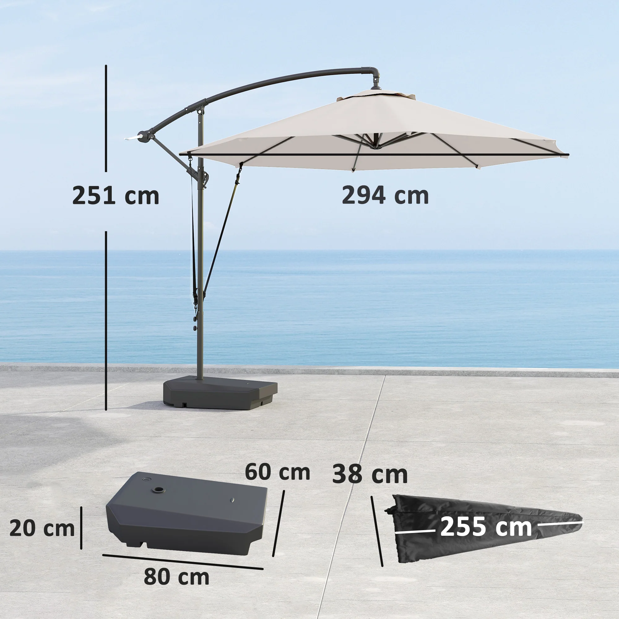 Outsunny Garden Cantilever Parasol with Cover Weighted Base Wind Strap - Image 14
