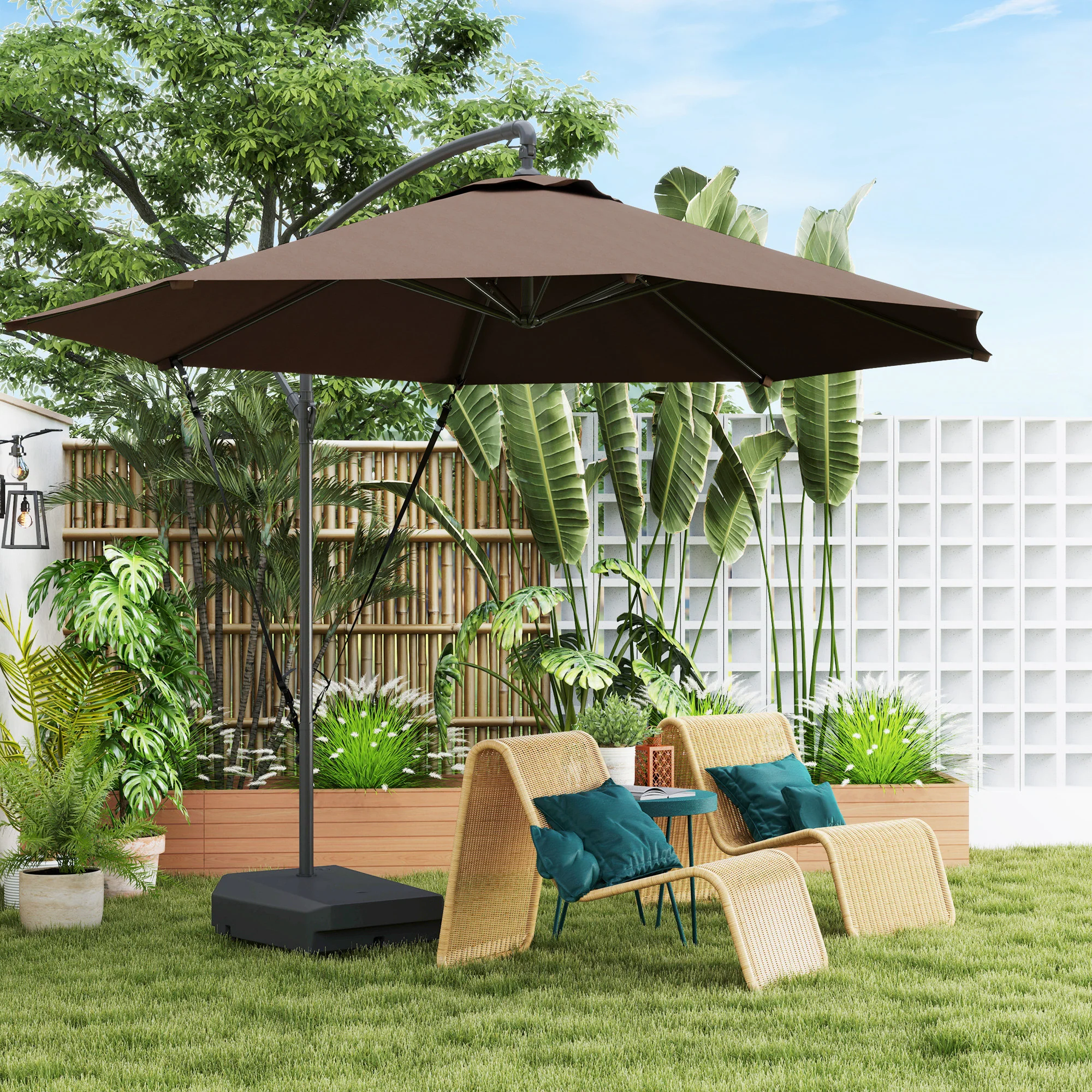 Outsunny Garden Cantilever Parasol with Cover Weighted Base Wind Strap - Image 2