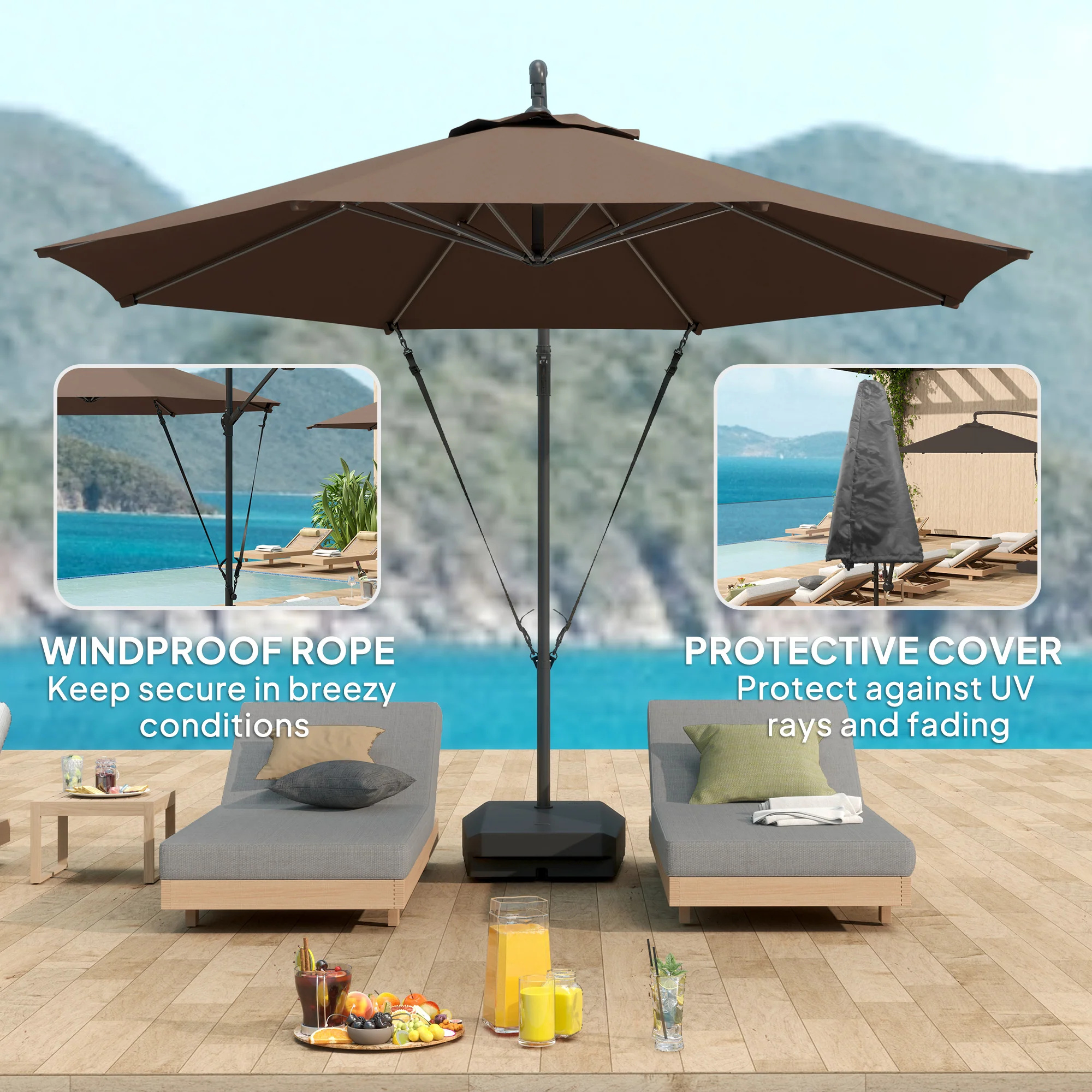 Outsunny Garden Cantilever Parasol with Cover Weighted Base Wind Strap - Image 4