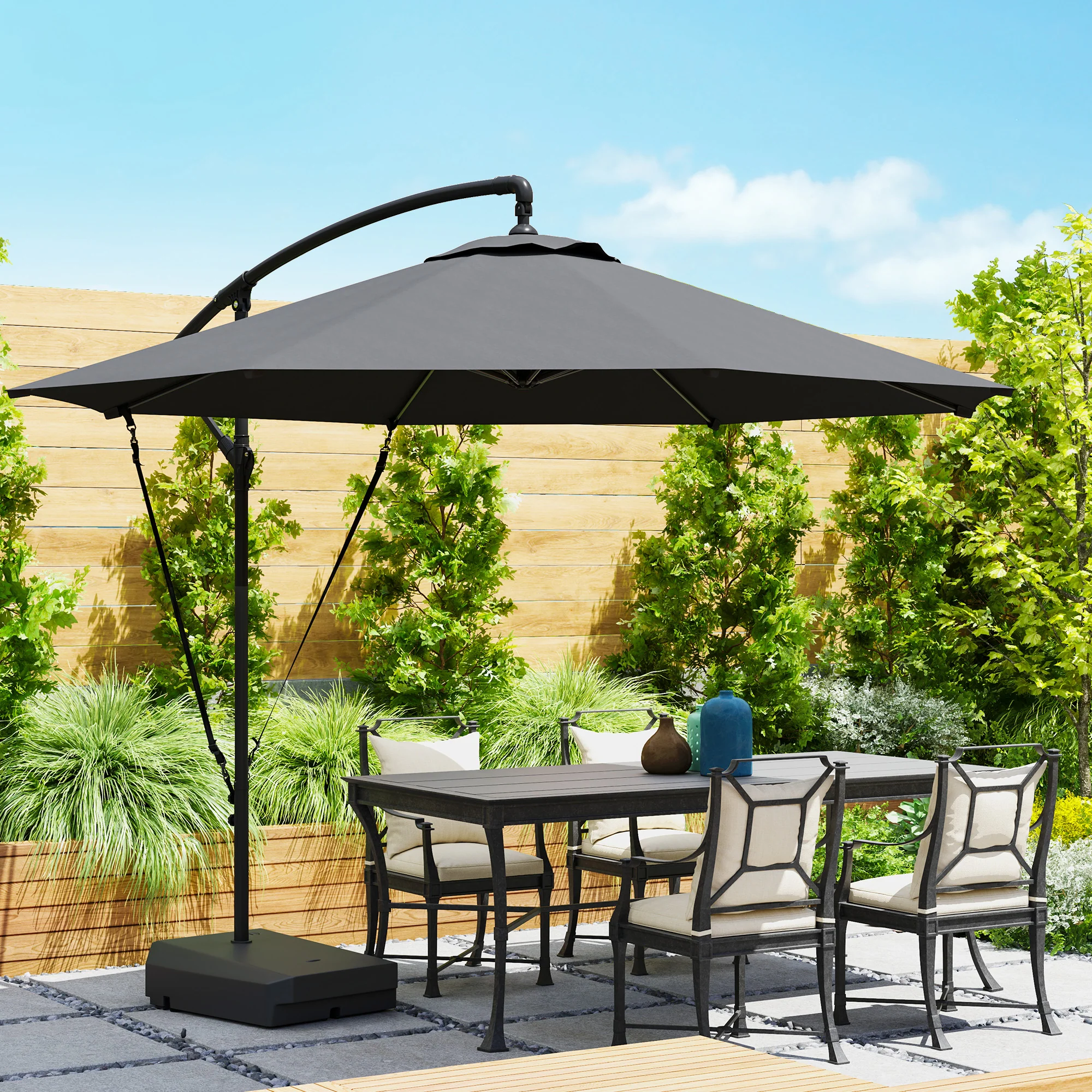 Outsunny Garden Cantilever Parasol with Cover Weighted Base Wind Strap Grey - Image 2