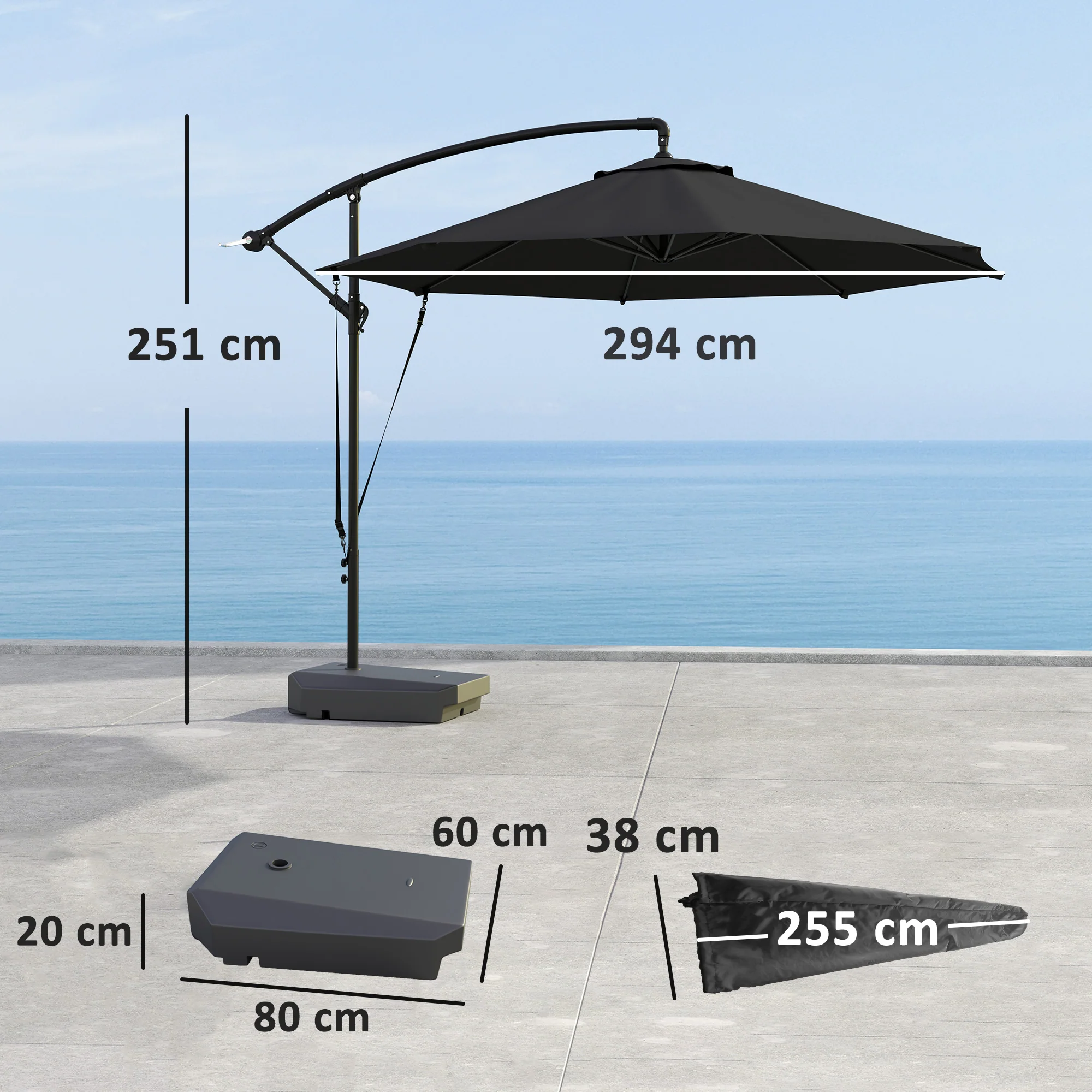 Outsunny Garden Cantilever Parasol with Cover Weighted Base Wind Strap Grey - Image 5