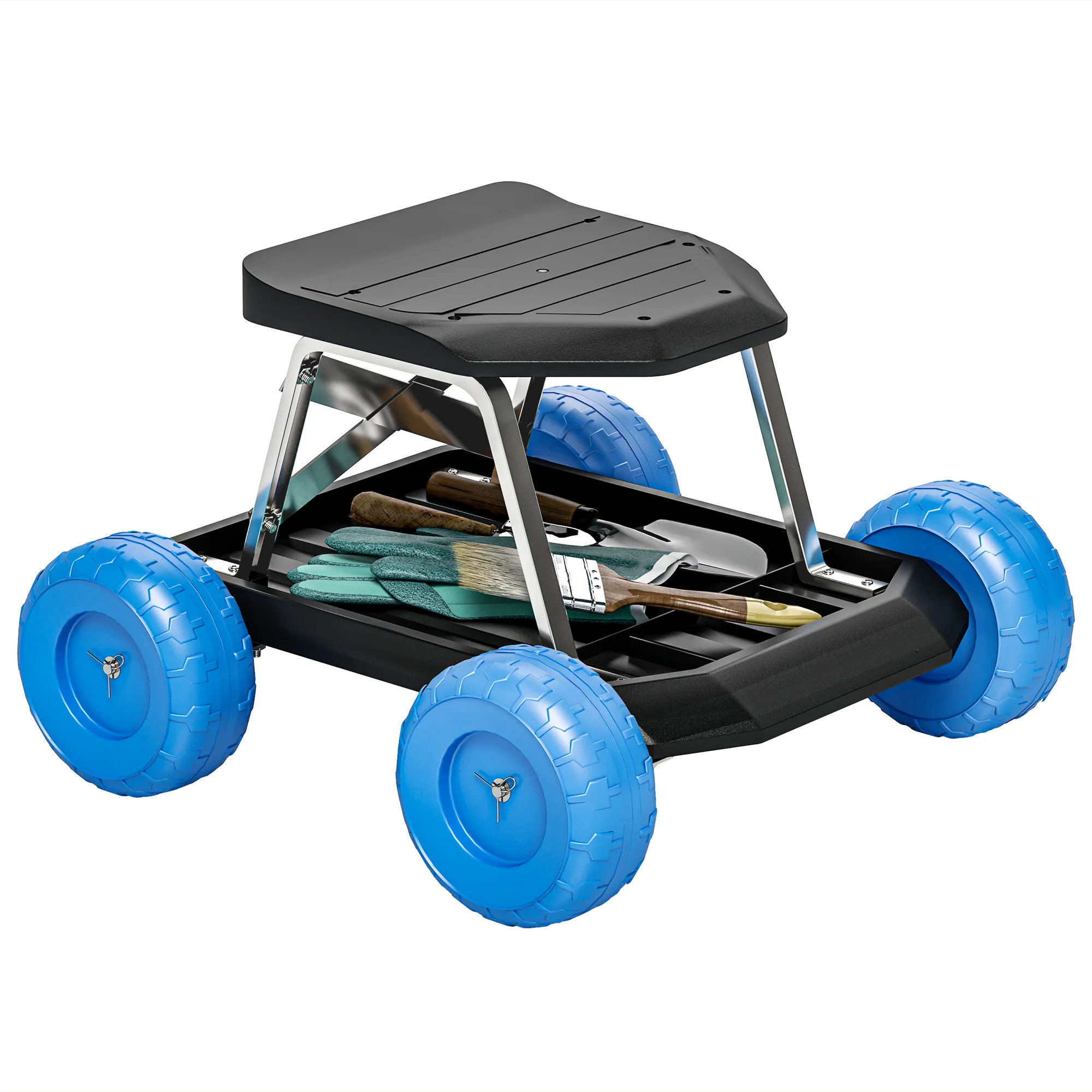 Outsunny Garden Cart With Wheels, Tool Tray For Weeding, Planting, Blue