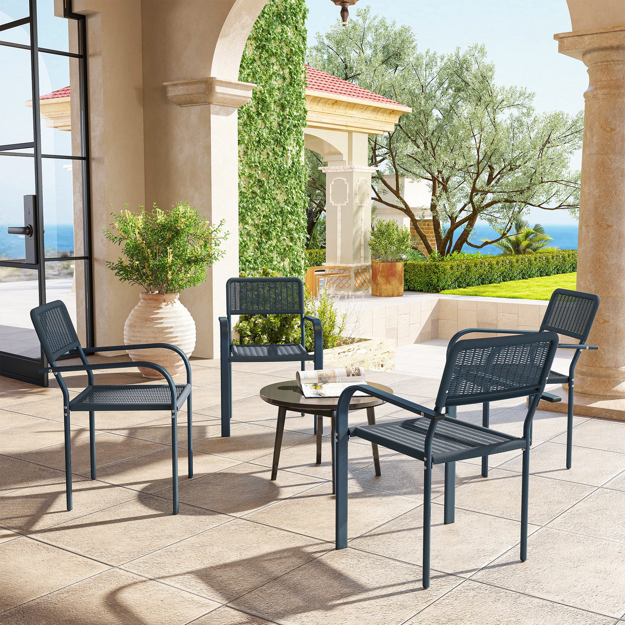 Outsunny Garden Chairs Set of 4, Stackable & Rattan Effect, Dark Grey - Image 2