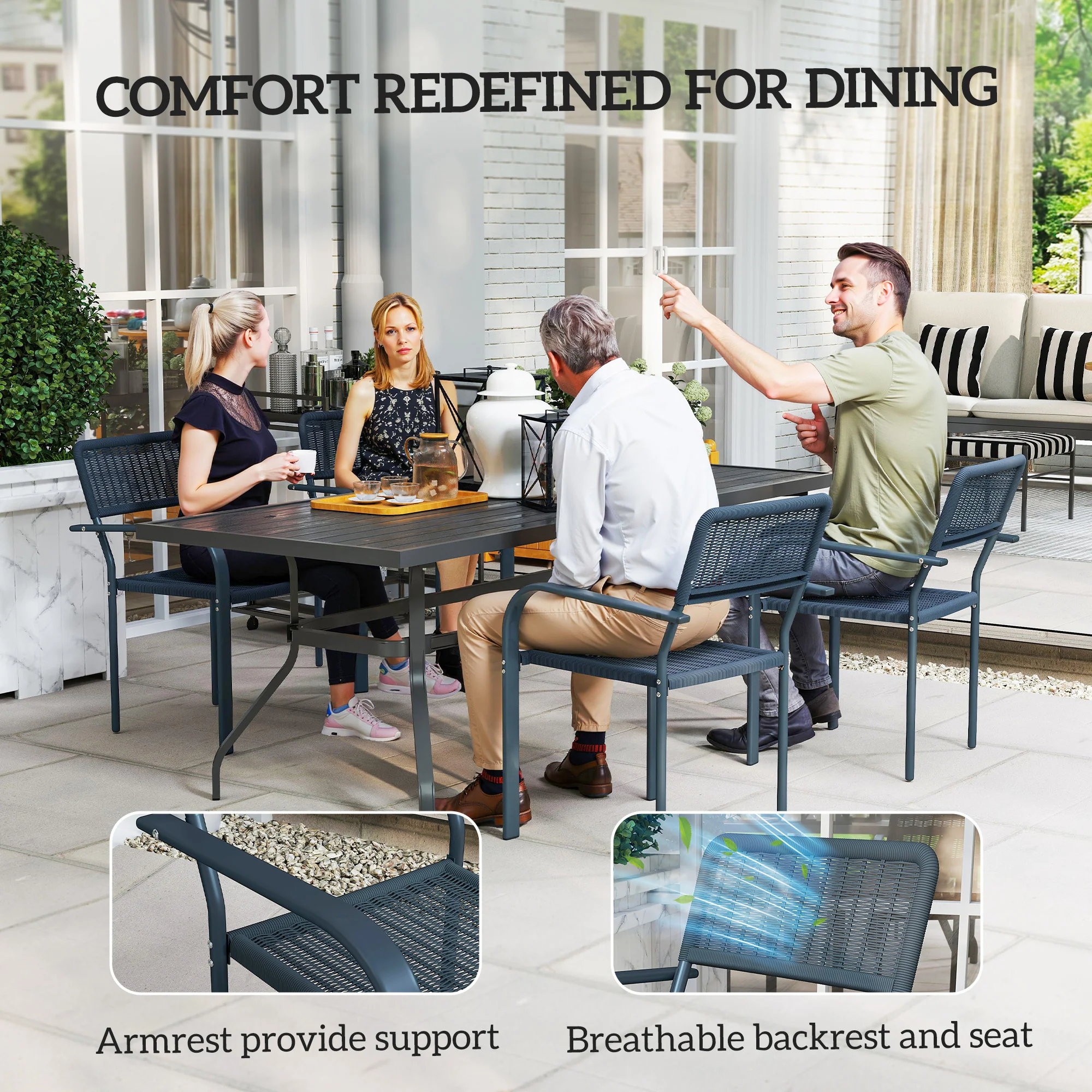 Outsunny Garden Chairs Set of 4, Stackable & Rattan Effect, Dark Grey - Image 6