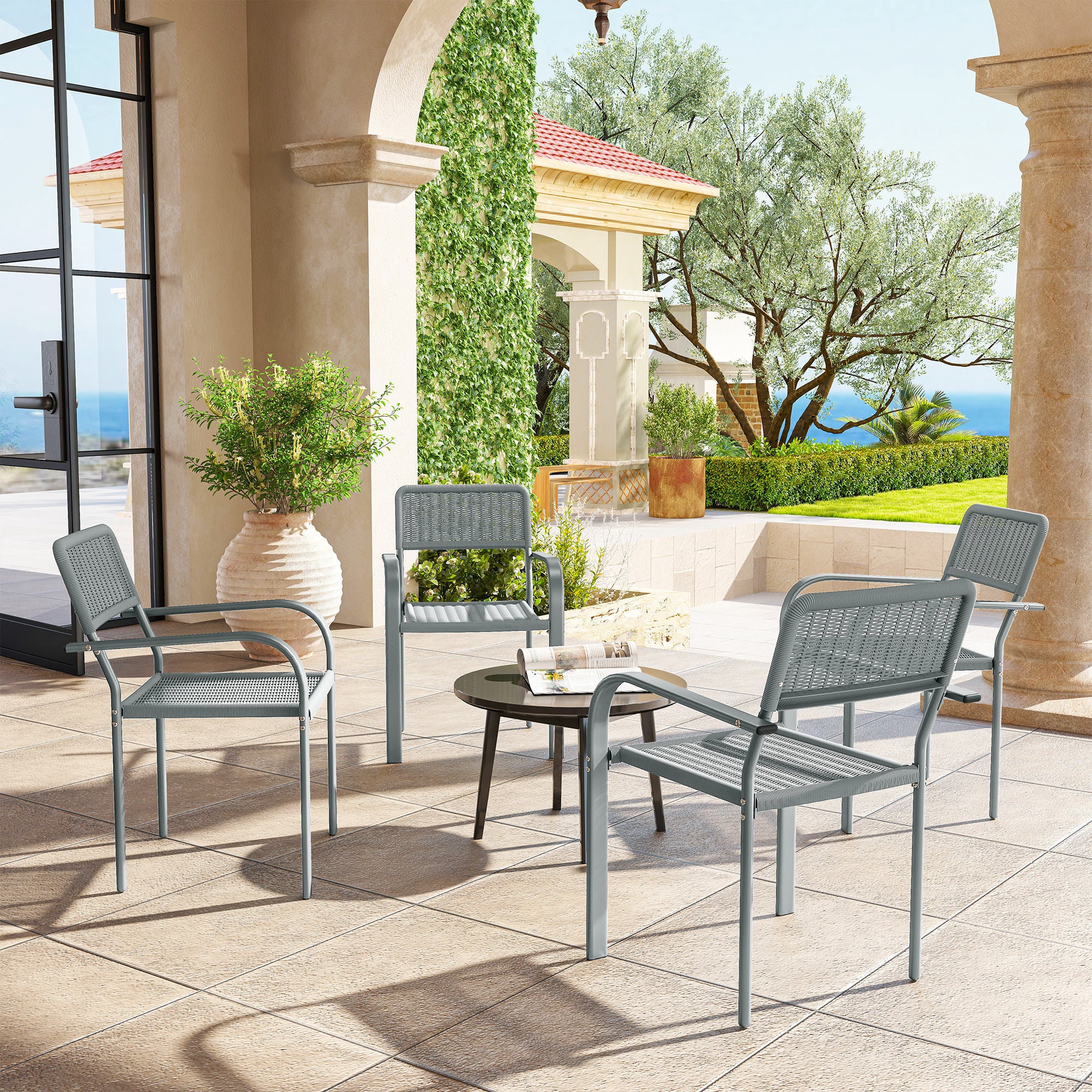 Outsunny Garden Chairs Set of 4, Stackable & Rattan Effect, Light Grey - Image 2