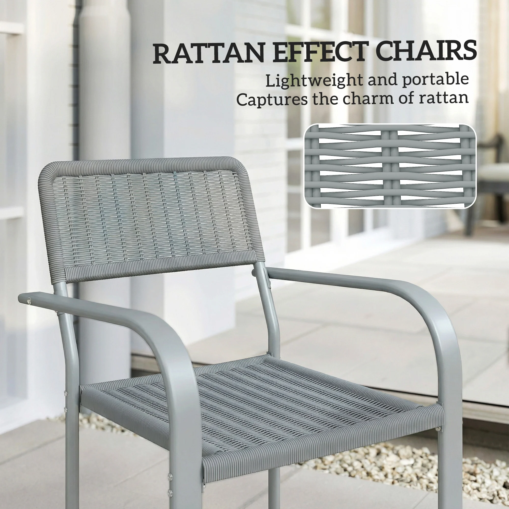 Outsunny Garden Chairs Set of 4, Stackable & Rattan Effect, Light Grey - Image 4