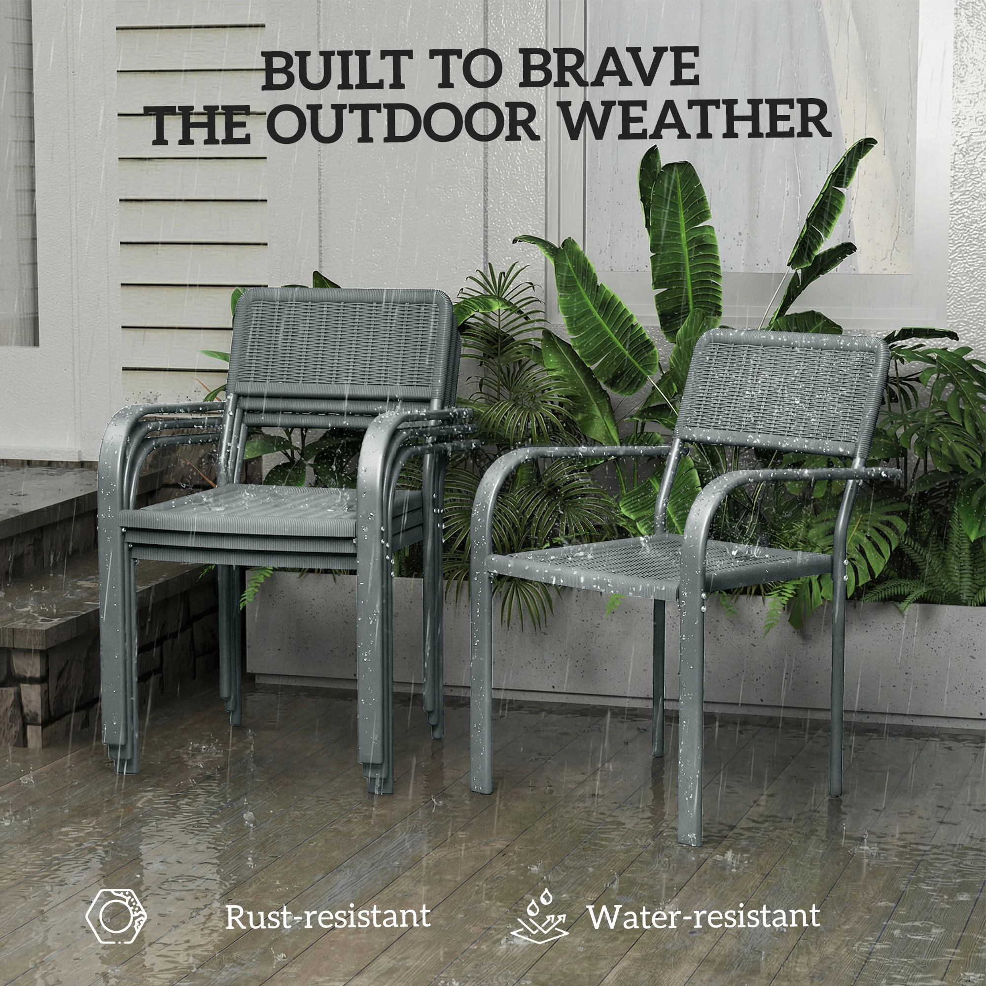 Outsunny Garden Chairs Set of 4, Stackable & Rattan Effect, Light Grey - Image 5