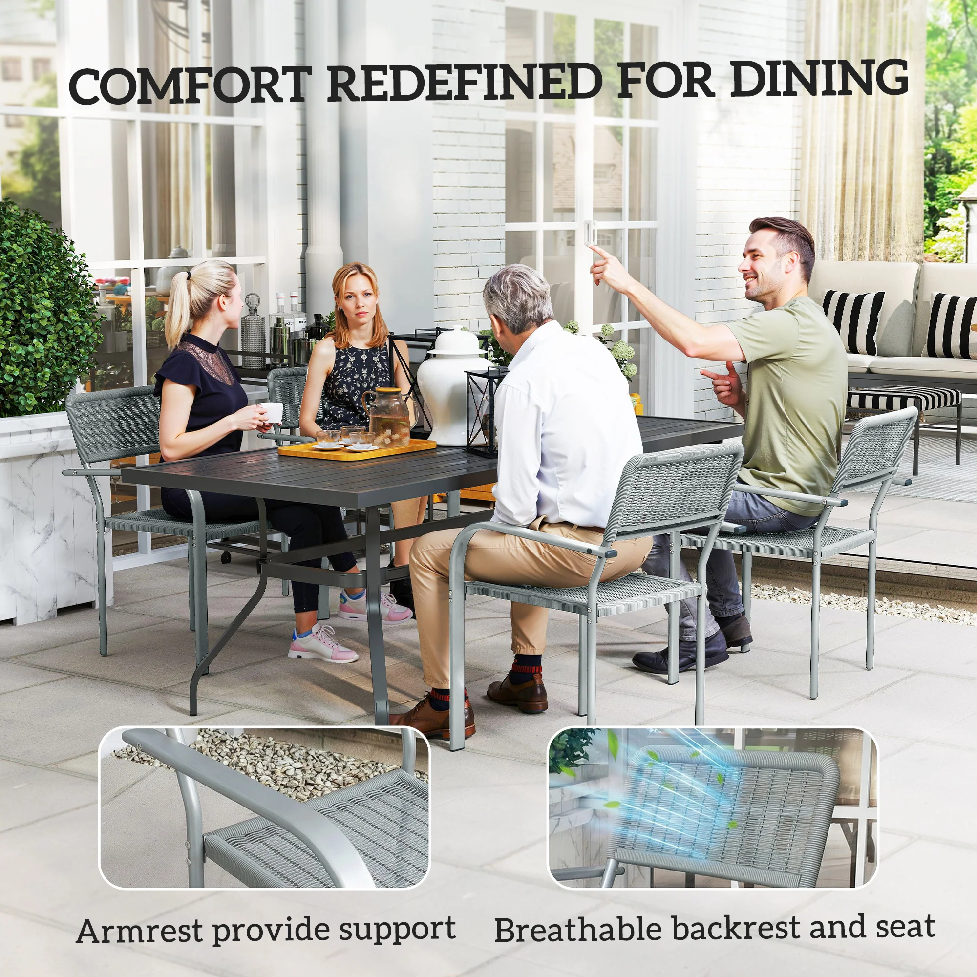 Outsunny Garden Chairs Set of 4, Stackable & Rattan Effect, Light Grey - Image 6
