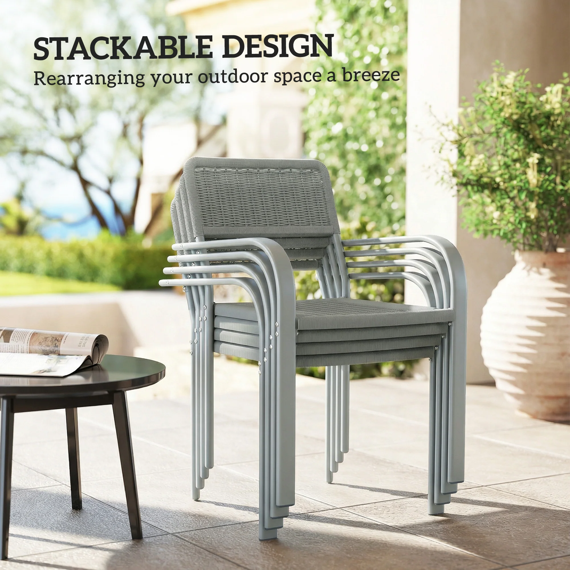 Outsunny Garden Chairs Set of 4, Stackable & Rattan Effect, Light Grey - Image 7