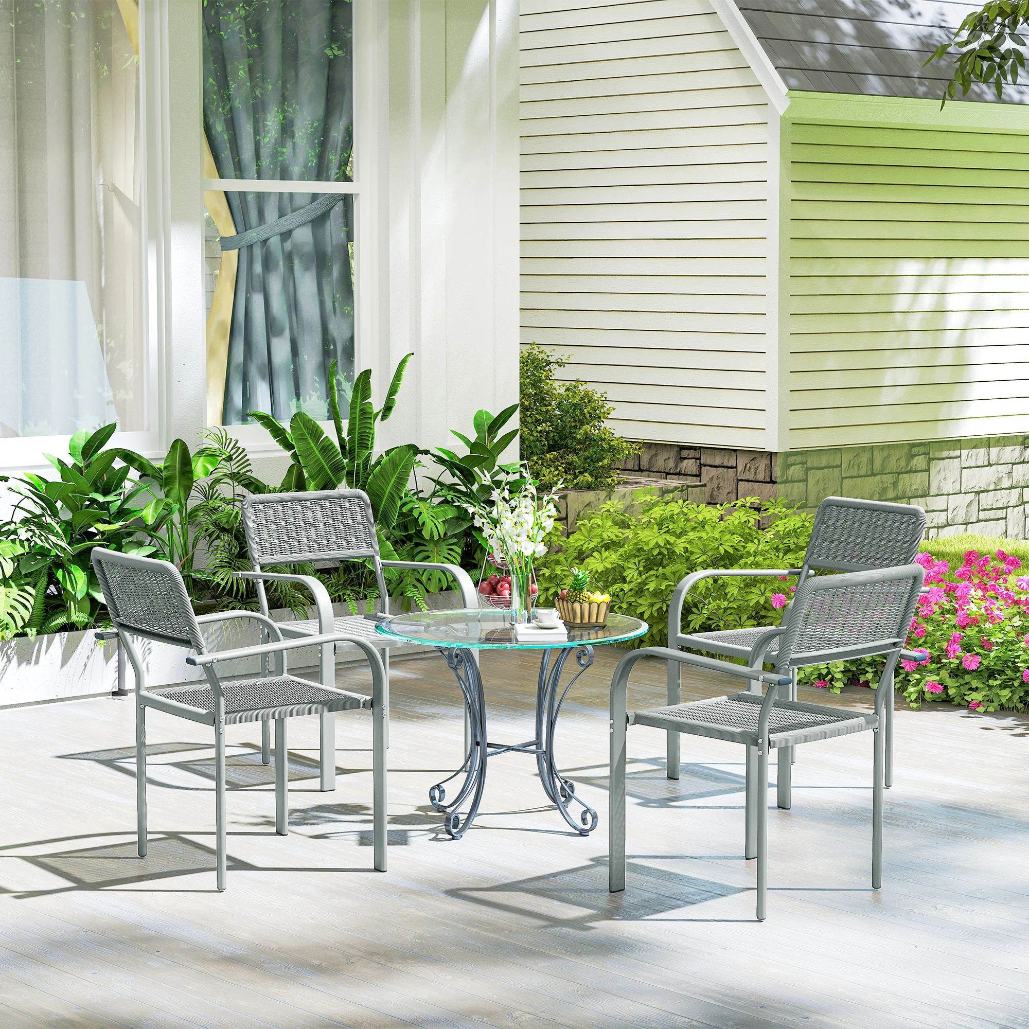 Outsunny Garden Chairs Set of 4, Stackable & Rattan Effect, Light Grey - Image 9