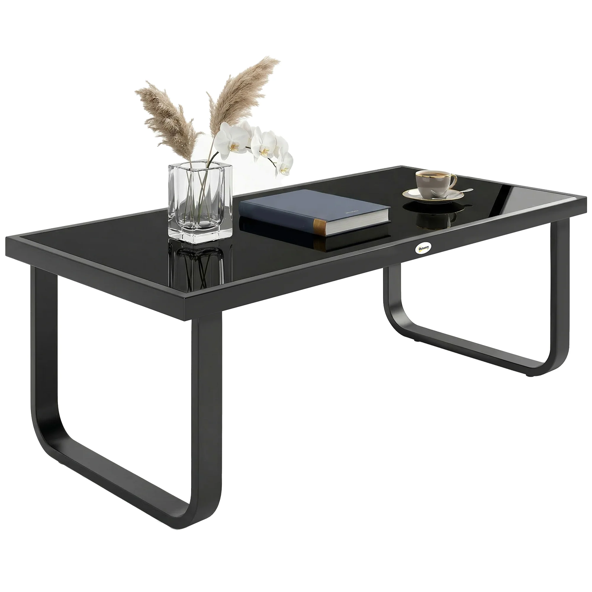 Outsunny Garden Coffee Table Outdoor Side Table with Glass Top Black - Image 10