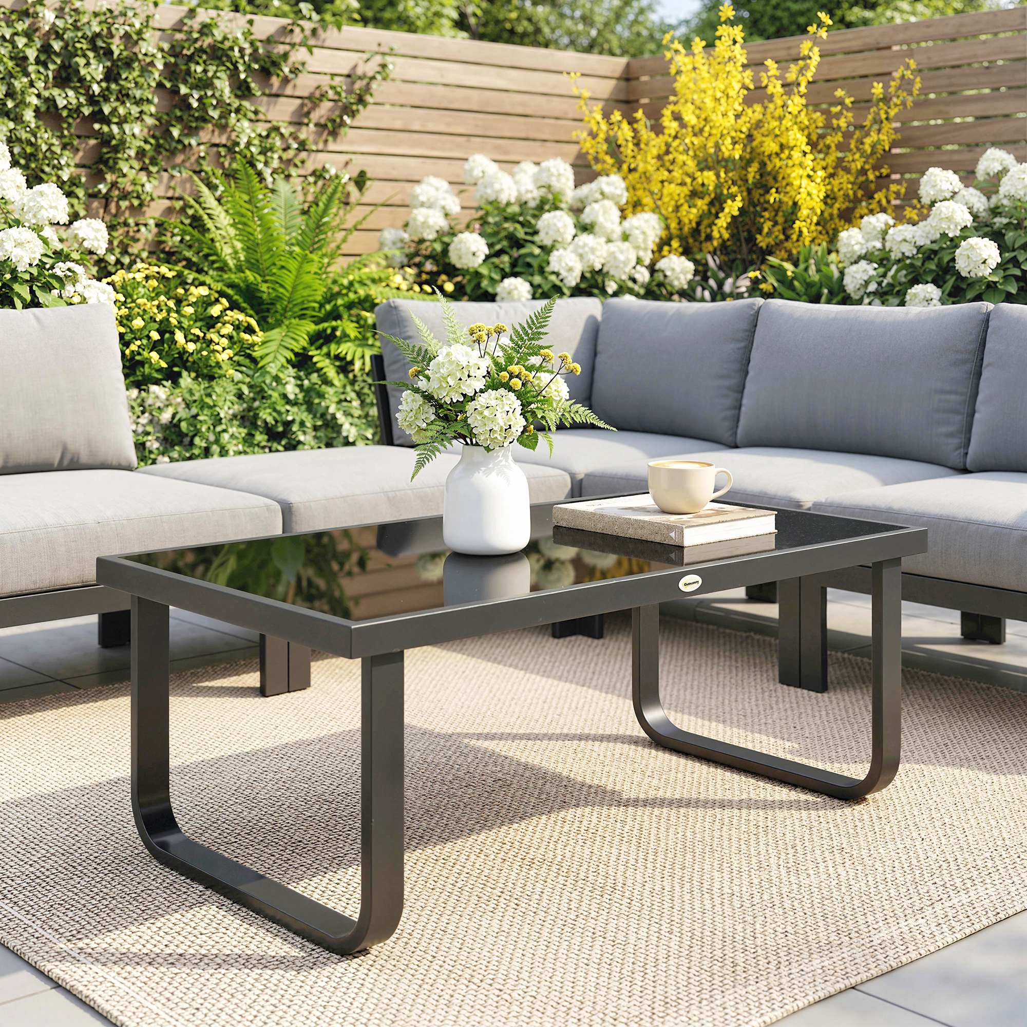 Outsunny Garden Coffee Table Outdoor Side Table with Glass Top Black - Image 11