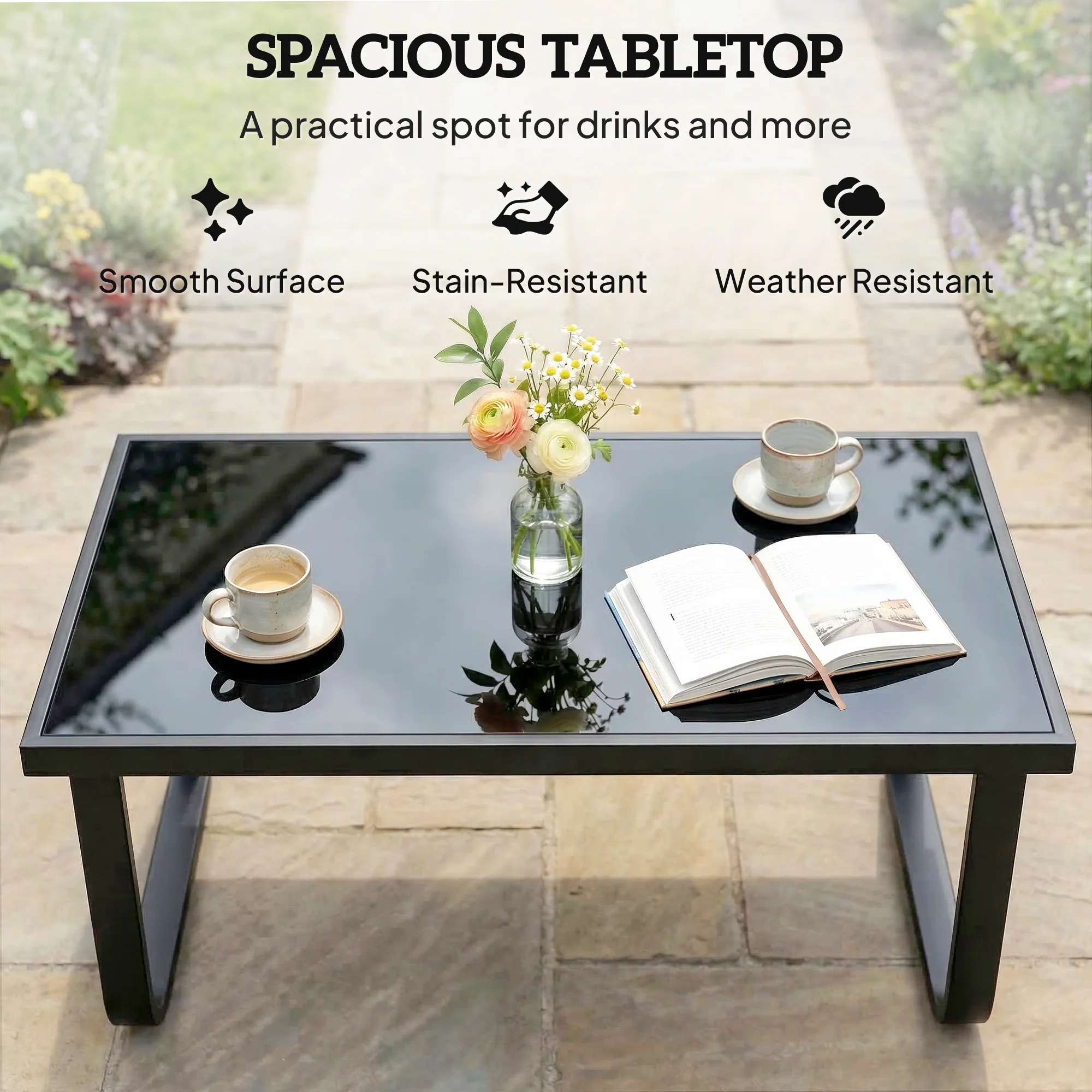 Outsunny Garden Coffee Table Outdoor Side Table with Glass Top Black - Image 12