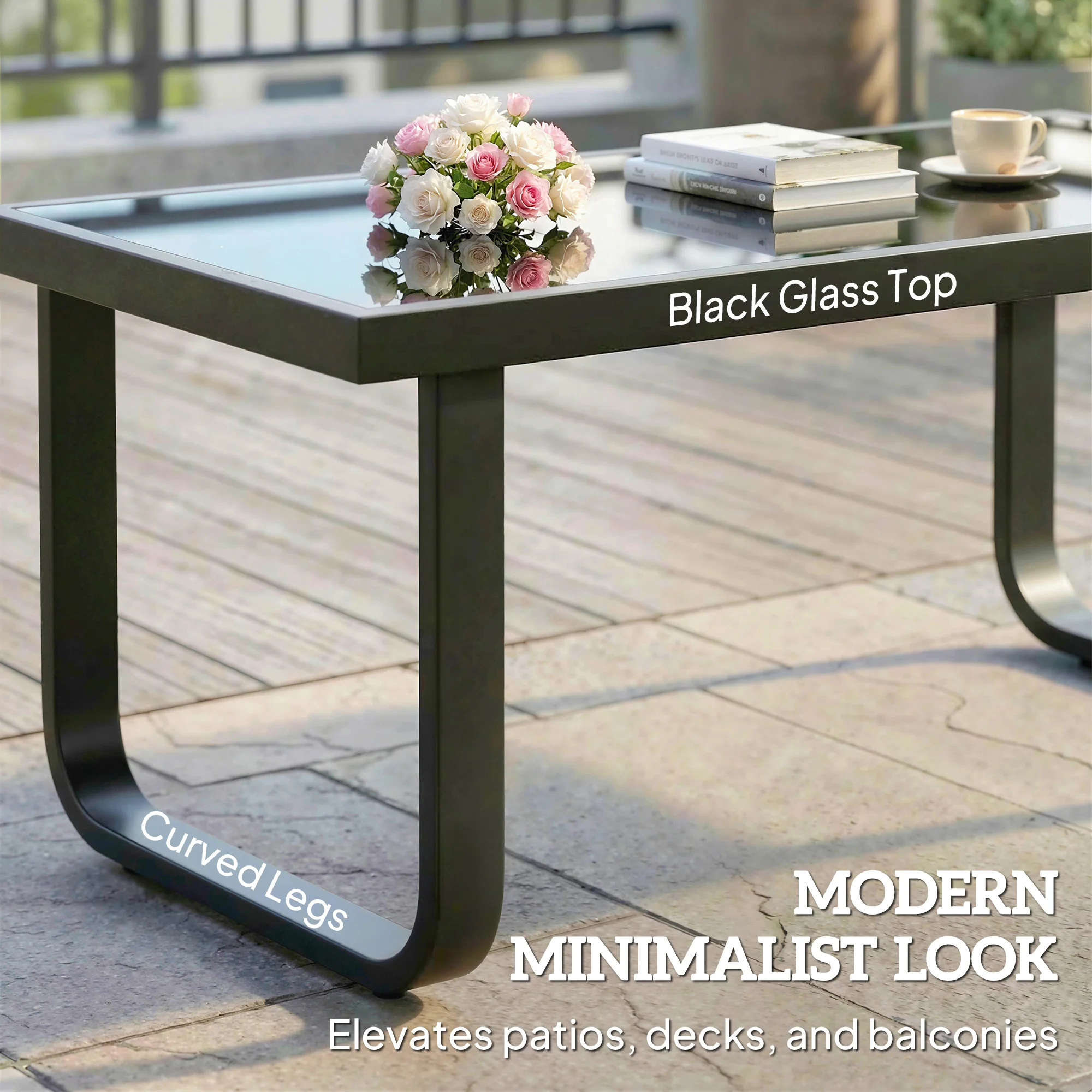 Outsunny Garden Coffee Table Outdoor Side Table with Glass Top Black - Image 13